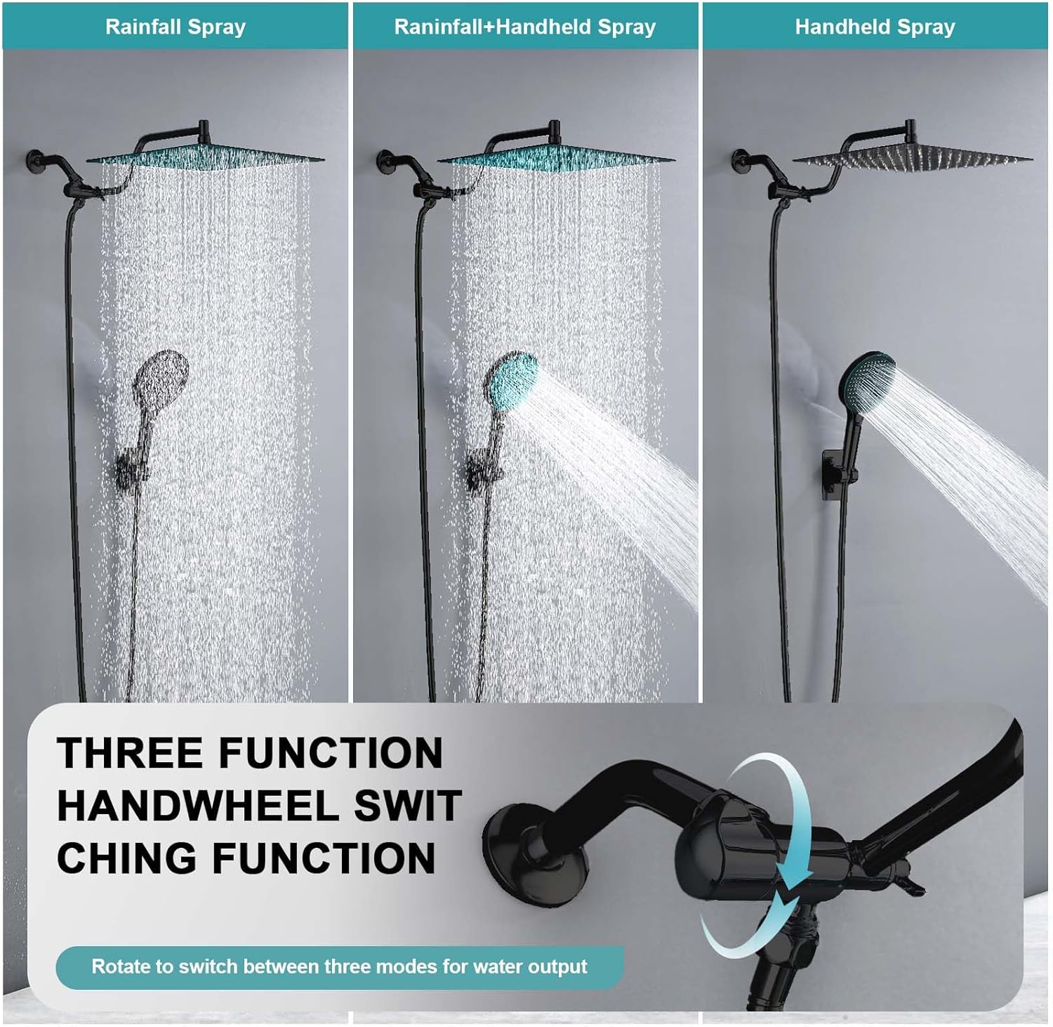 Shower Head Combo,12 Inch Metal High Pressure Rain Shower Head with 14 Inch Adjustable Extension Arm and 3 Mode Filtered Shower Head with Filters,79 Inch Hose Showerhead Holder,Matte Black