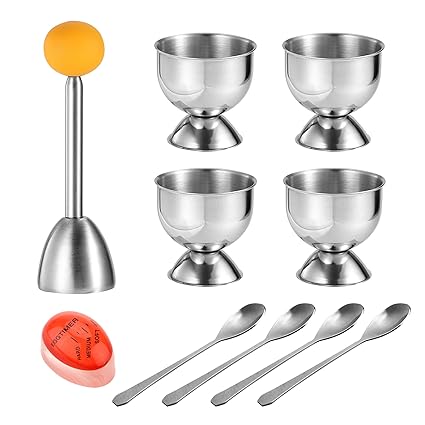 Elegant Egg Cups & Cracker Set | Set of 4 Steel Egg Holders + 4 SS Spoons + 1 Egg Topper-Vibration Tool Opener For Hard & Soft Boiled Egg, Multipurpose Mini Dishes