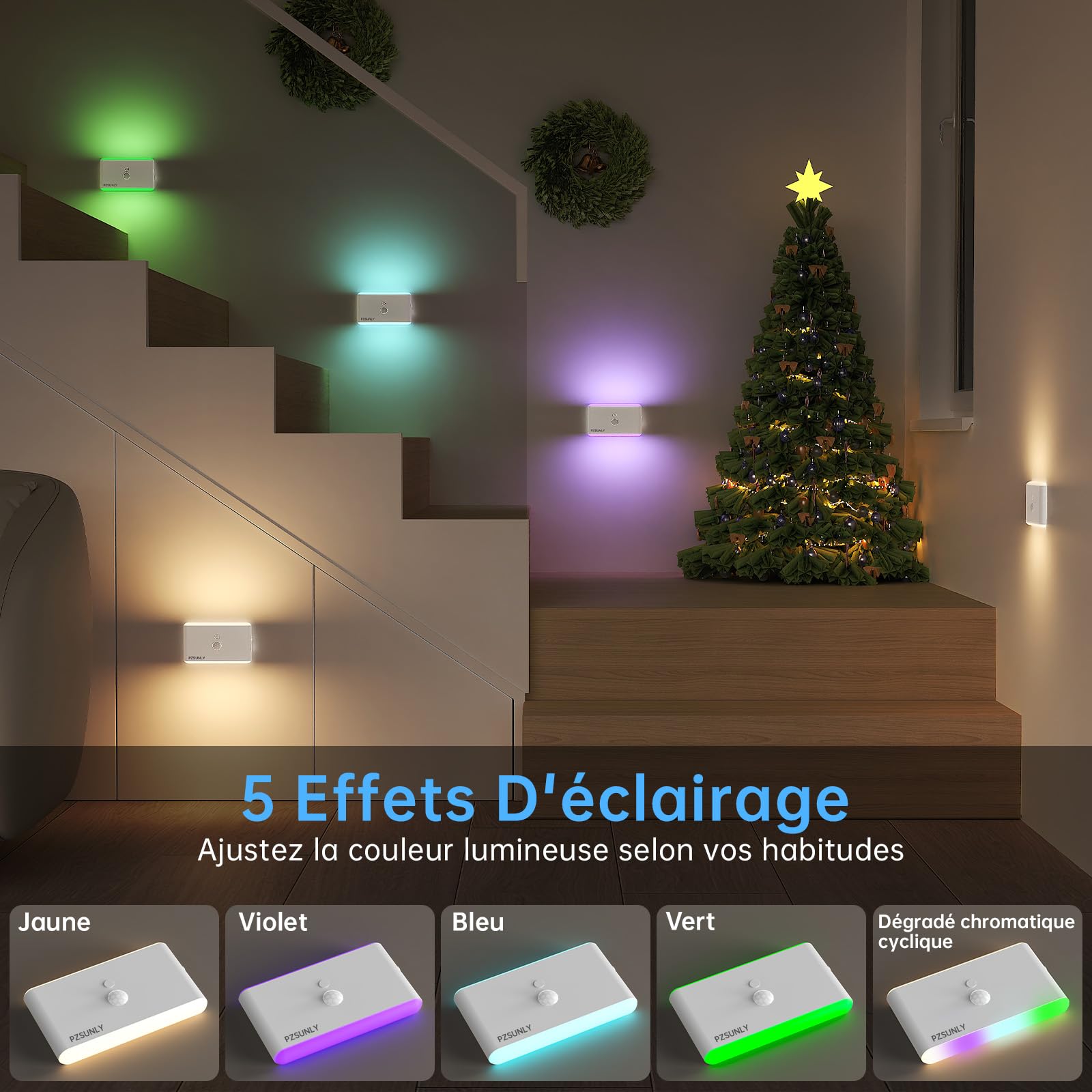 Veilleuse Detecteur de Mouvement - Lot de 6 Lampe Detecteur de Mouvement Interieur, Lumiere Escalier Intérieur RGB 5 Couleurs, Veilleuse Rechargeable pour l'intérieur des Escaliers, Chambre