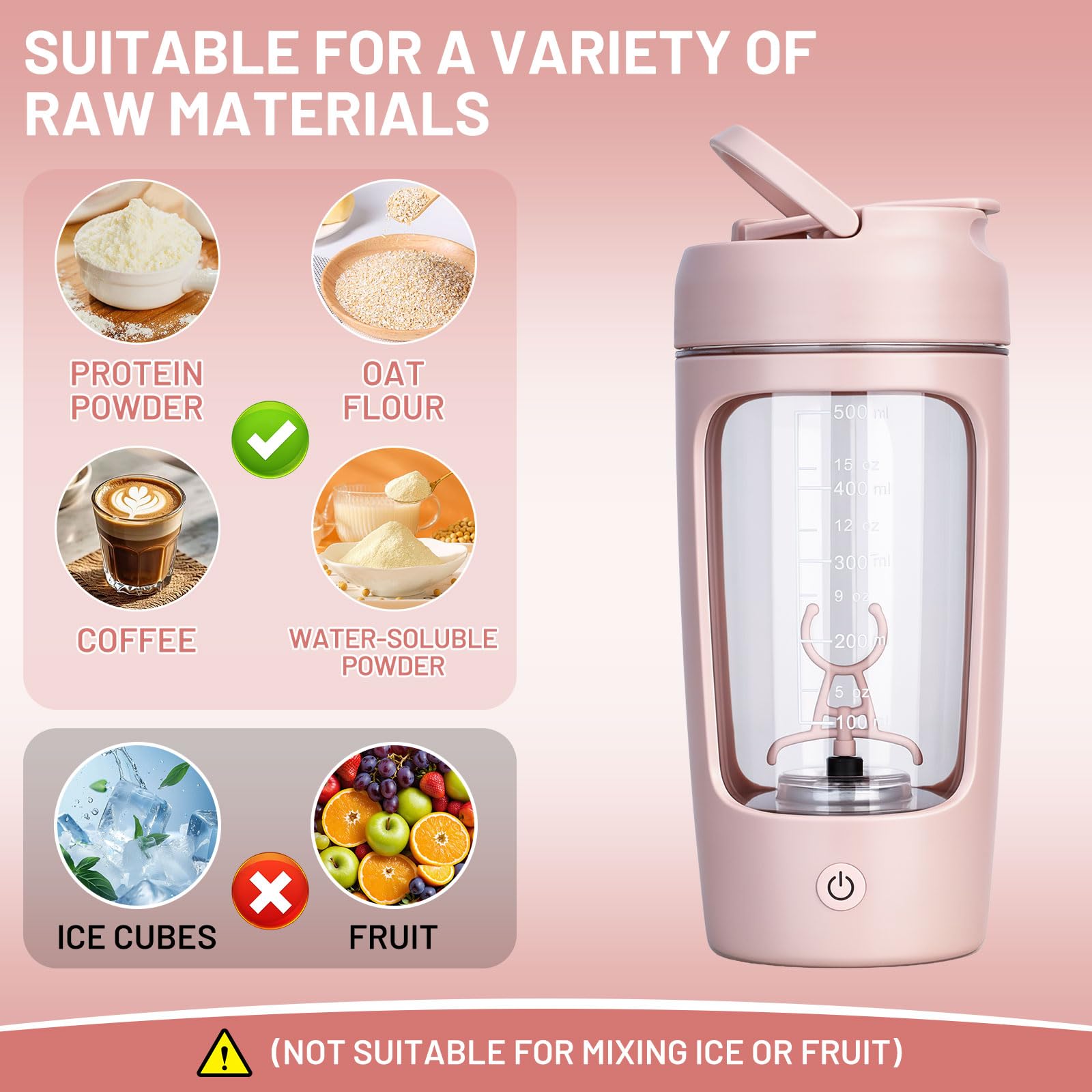 Shaker elettrico 650ML,Frullatore di proteine automatico con Portapolvere e Spazzola,Ricaricabile USB-C,Bottiglia per shaker per proteine per Frullati Proteici e Frappè Cremosi,BPA Free,Rosa