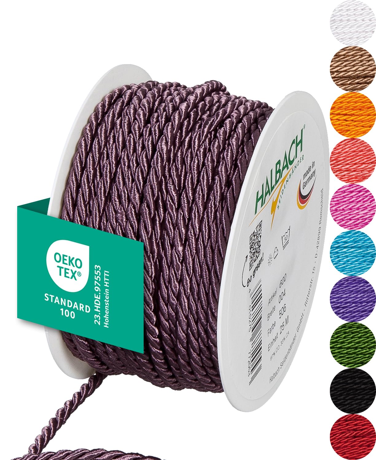 Halbach Seidenbänder Premium Kordel (Dunkles Flieder) | Breite 4mm Länge 25m | Made in Germany & Öko-Tex Zertifiziert | glänzende Satinkordel aus Acetat