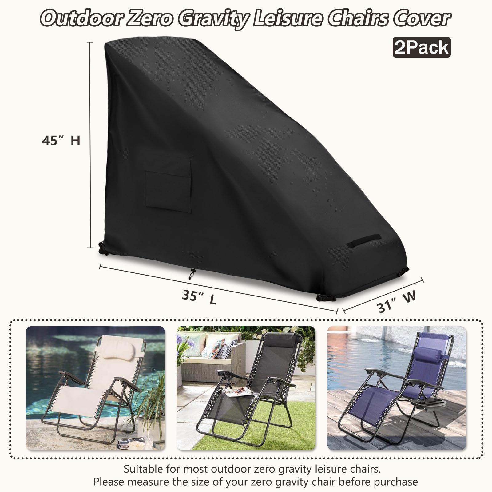 2 Paquete Cubiertas de Silla de Gravedad Cero Heavy Duty 600D Oxford Tela Impermeable al Aire Libre Protector de salón con Hebillas de ventilación Negro