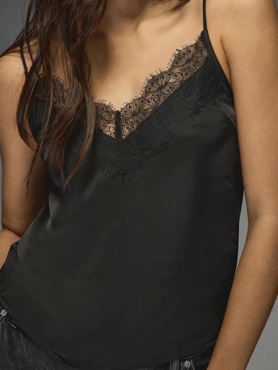 MakeMeChic Women's Satin Lace Camisole Top V Neck Sleeveless Going Out Party Tank Tops