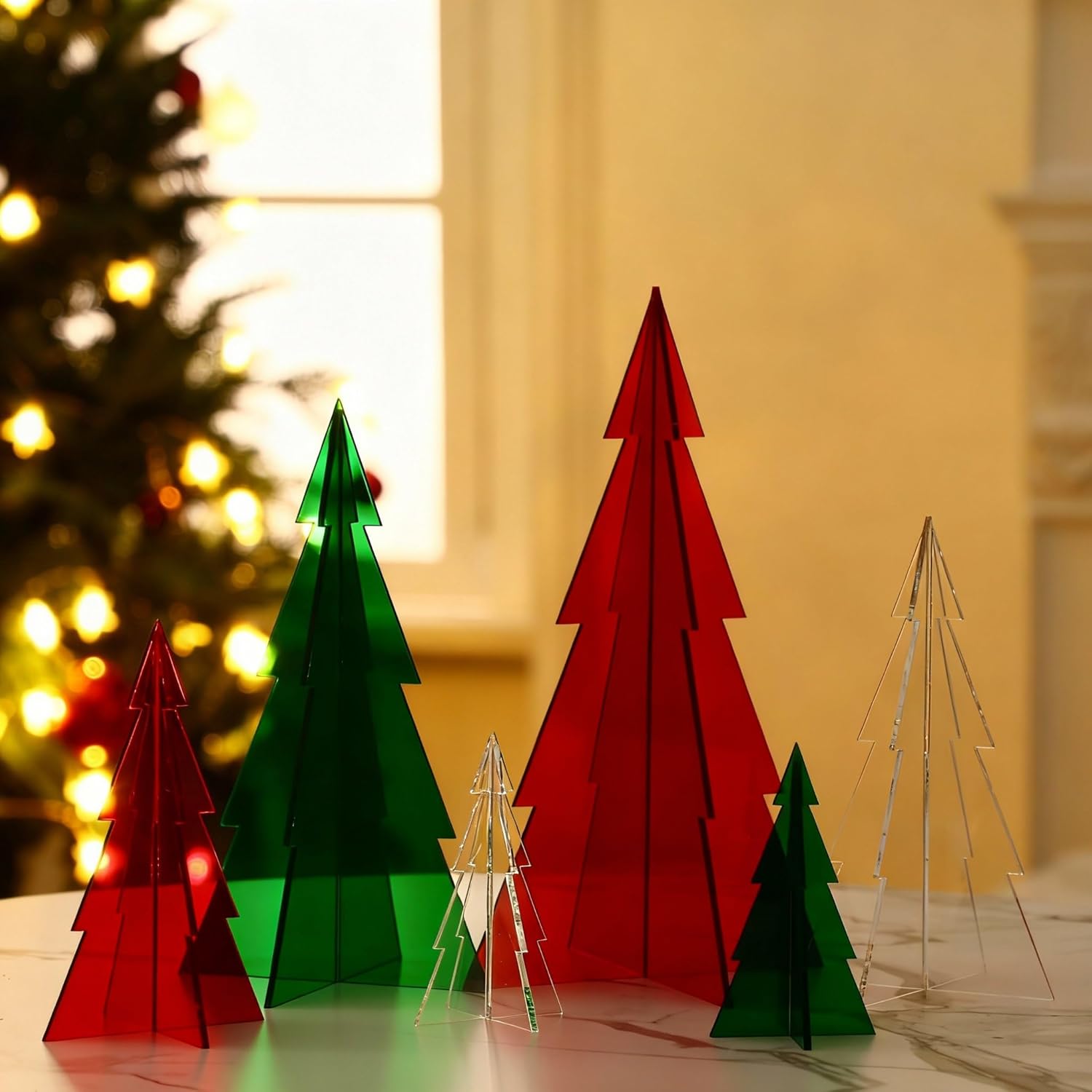 DoubleFill 6 Pcs Acrylic Christmas Tree Centerpieces, 4" to 10" 3D Mini Xmas Tree Tabletop Decoration Christmas Decorations for Office Home Modern Party Winter Decor(Red, Green, Clear)