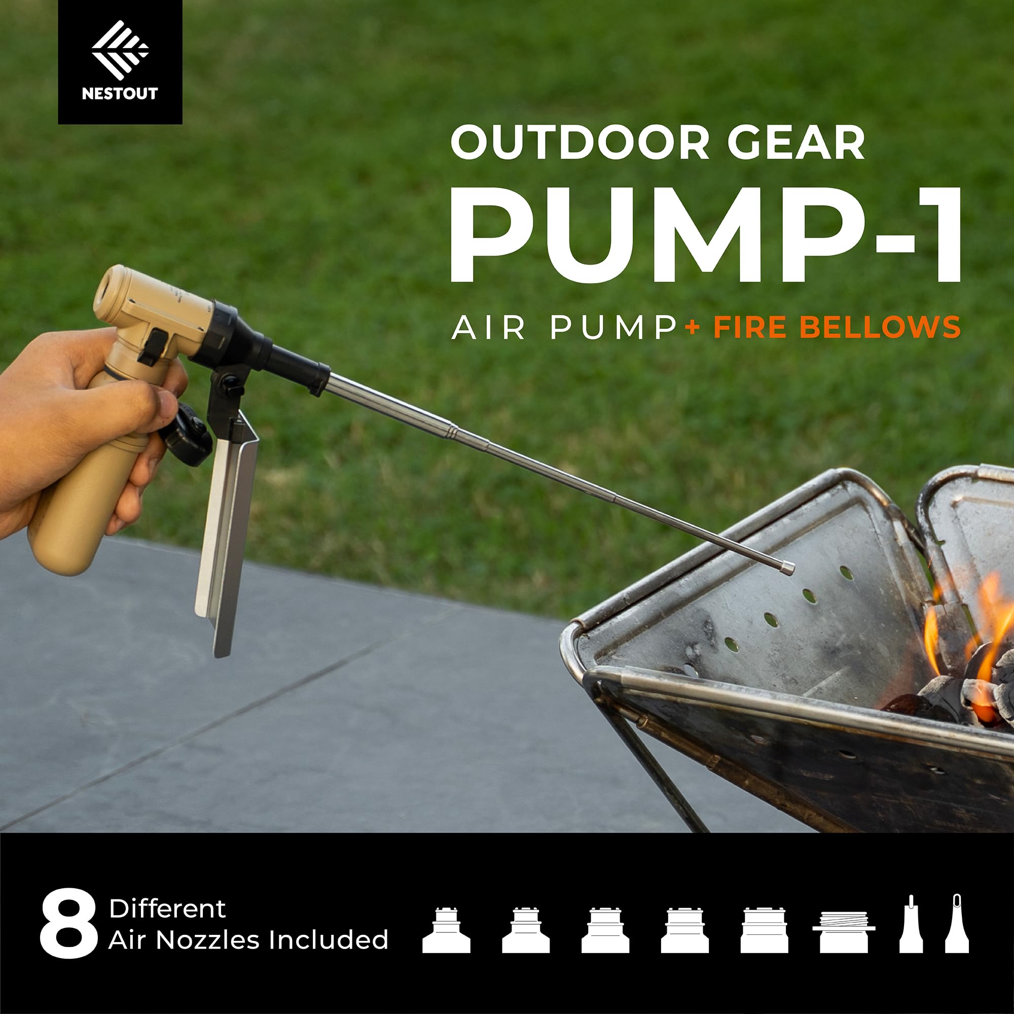 NESTOUT Outdoor Air Pump for Camping, + Fire Bellows,Quiet Dual-Speed Brushless Motor, 8 Nozzles for Mattress, Pads & Floats, Portable Charger