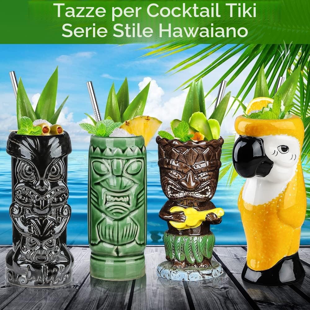 Tiki Bicchieri per cocktail Tiki Set di 4 tazze tropicali in ceramica Hawaiian Tiki Party Creative Cocktail Bicchiere Bevande Grande Bar Drinkware Premium Tropicale Esotico Carino Barware