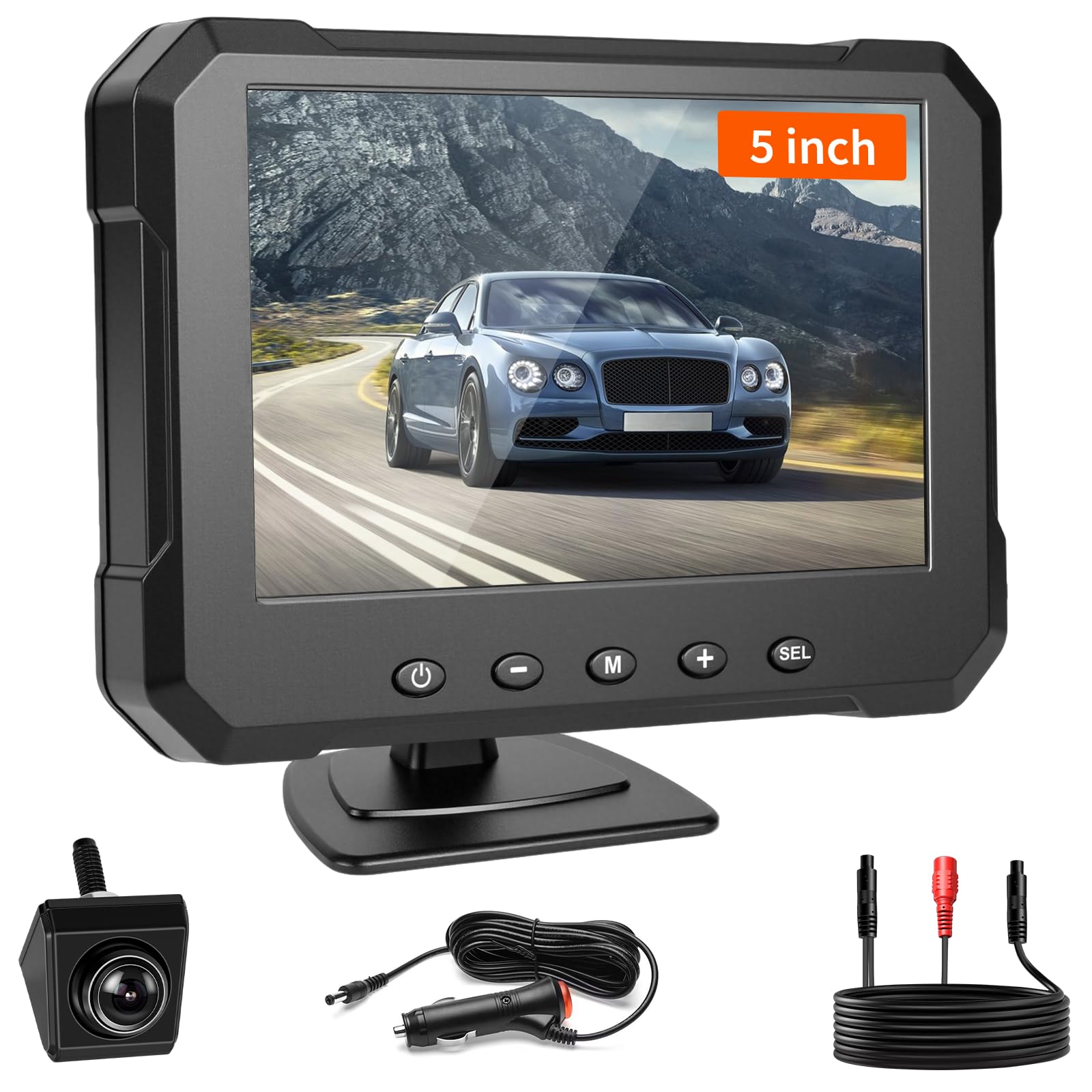 Inefala Zestaw kamer cofania z monitorem HD 5", wodoszczelność IP68, widoczność w nocy, szerokokątna kamera zapasowa z pomocnikiem wstecznym, DC 12 V-24 V do vanów, SUV-ów, ciężarówek