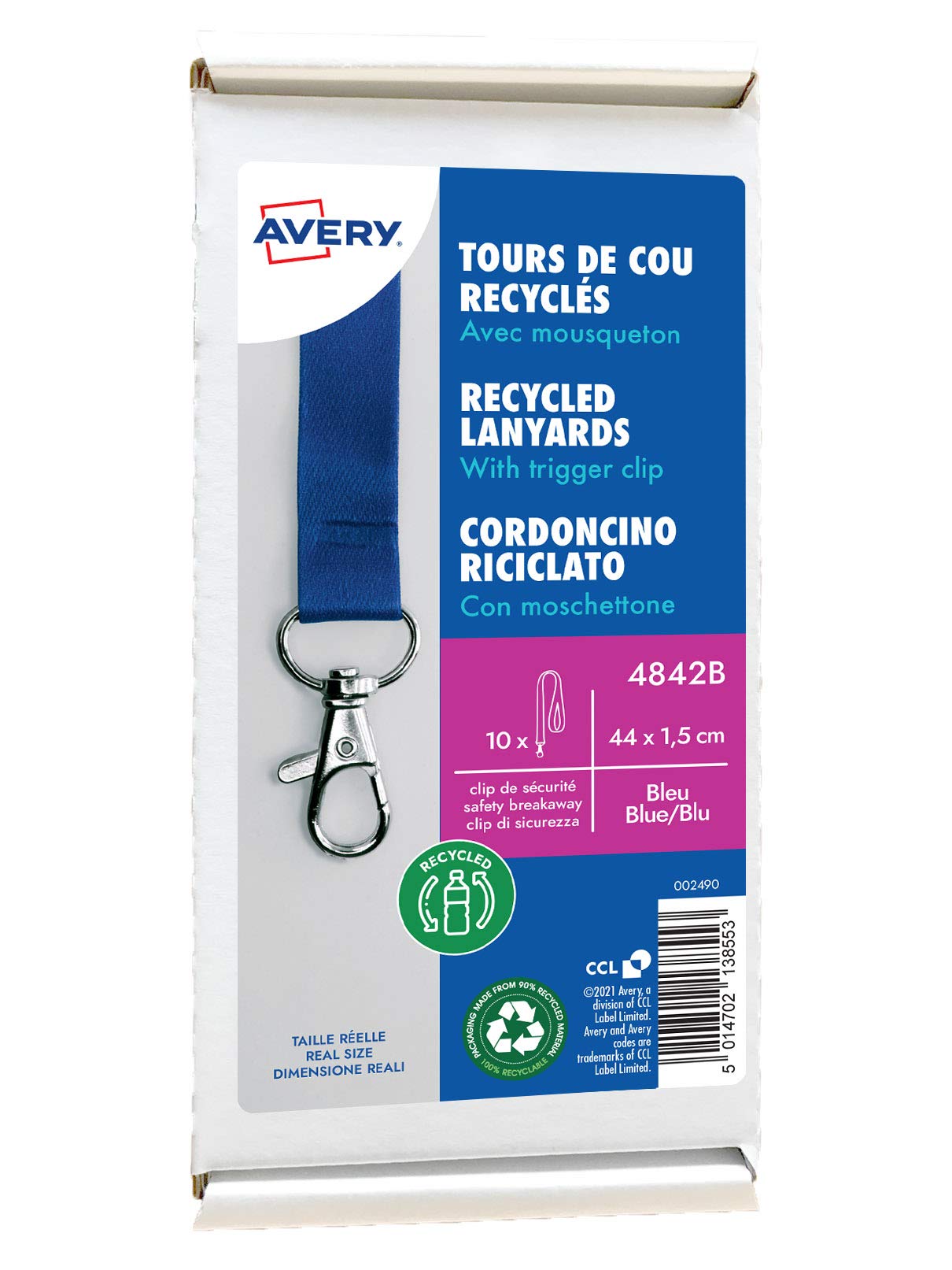AVERY Zweckform L4785-20 Namensetiketten 200 Stück (80x50mm, bedruckbar) weiß & 4842B Lanyard 10 Stück (44x1,5cm, mit Karabinerhaken/Sicherheitsverschluss) blau