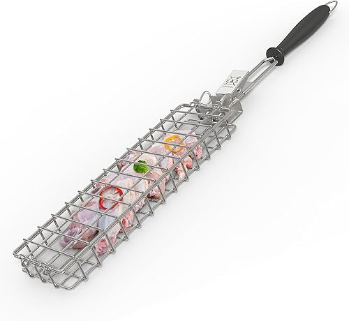 Cesta de parrilla de acero inoxidable, rectangular, negra, perfecta para asar al aire libre, verduras, pescado, camarones, brochetas