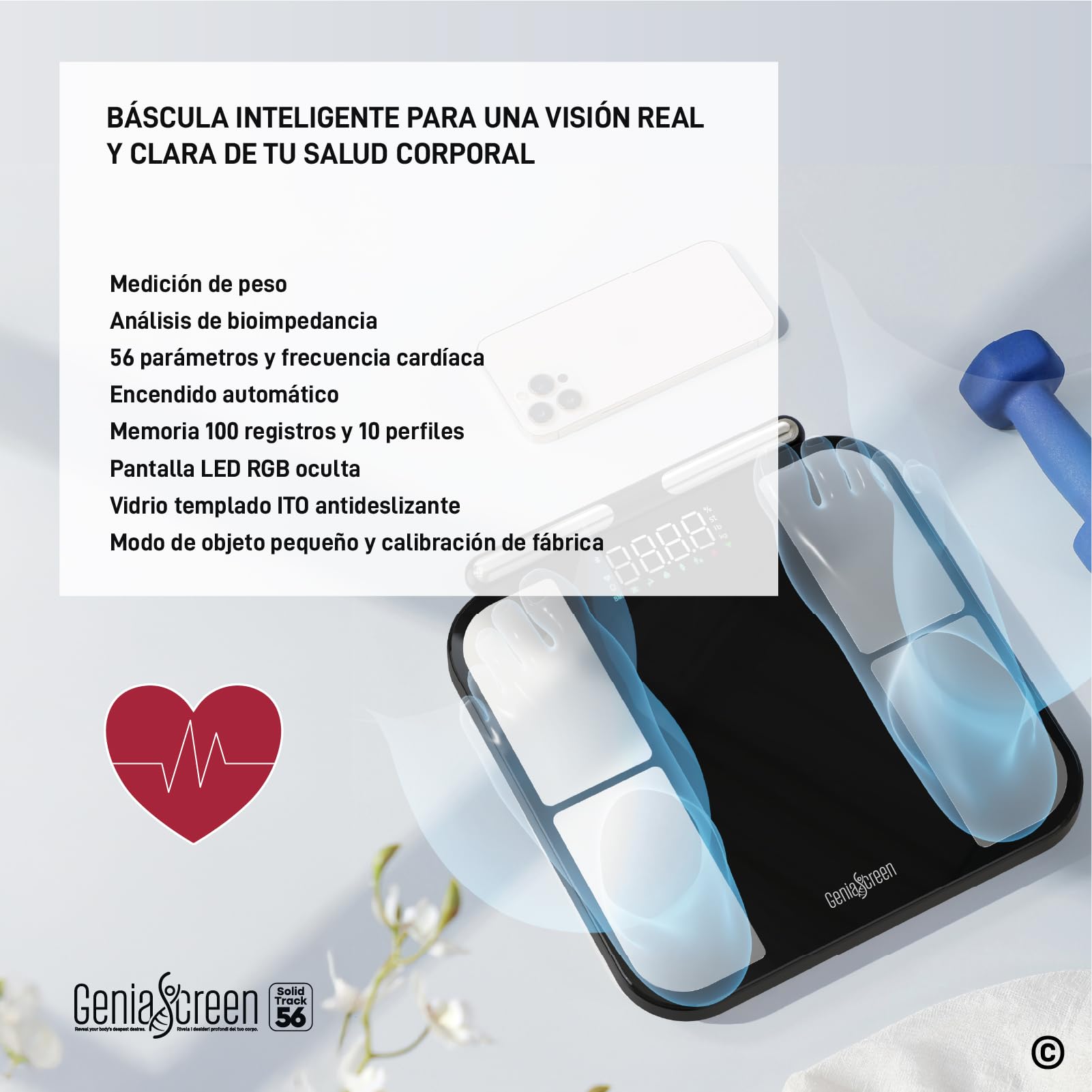Bascula Bioimpedancia Smart Balanca Personas Inteligente con 56 Mediciones en Vidrio Templado Capacidad 180Kg GeniaScreen SolidTrack con Display LED - para Masa Muscular Grasa BMI Bluetooth