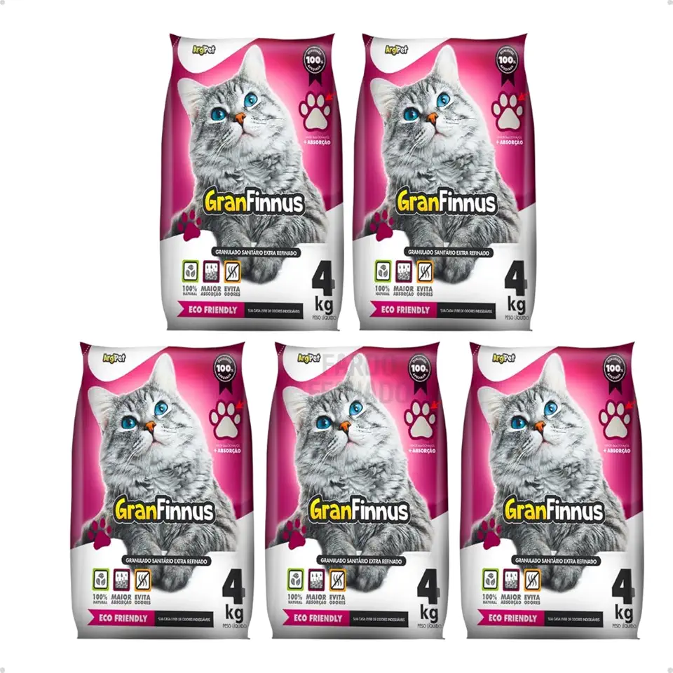 Kit 5 Areia Higiênica Sanitária Granfinnus Grãos Finos Para Gatos 4kg Premium Natural Argila