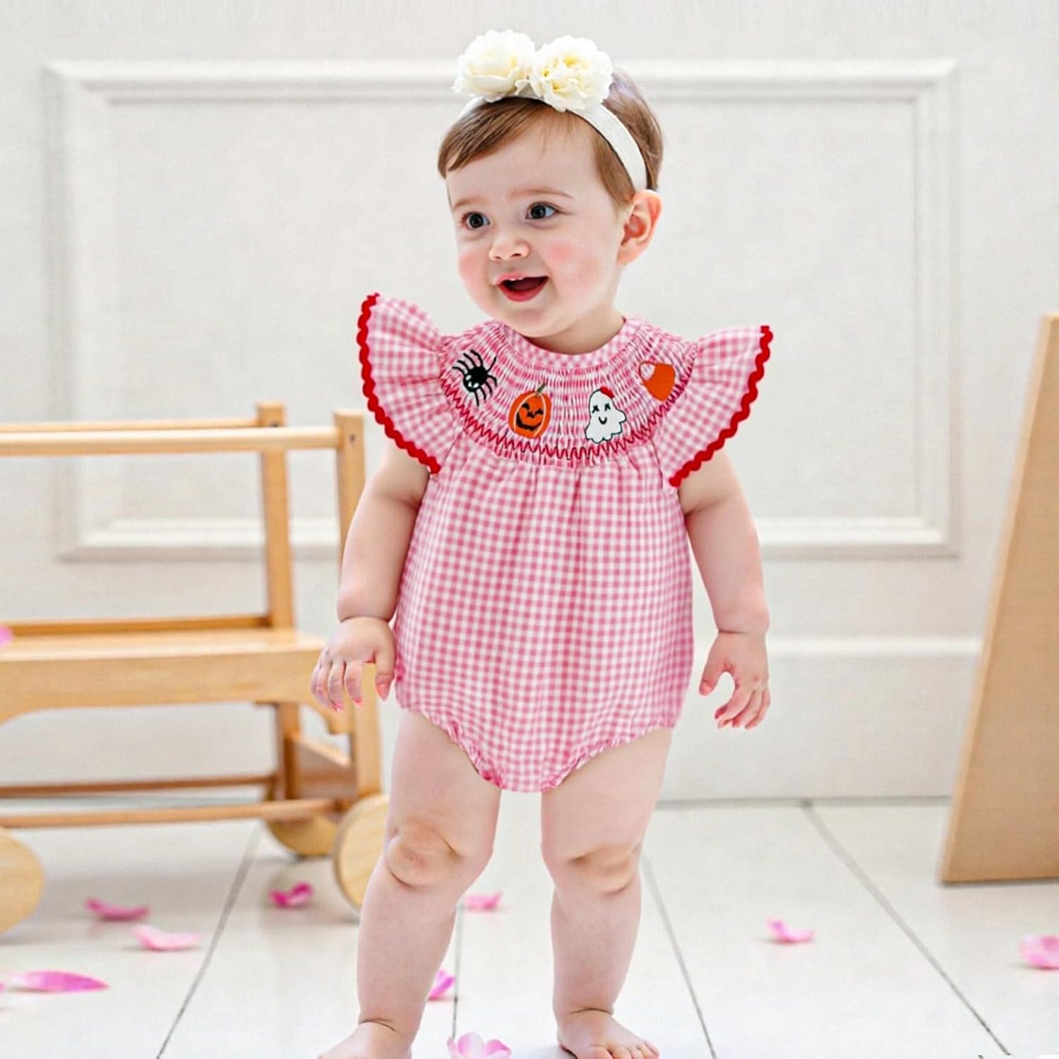 FIOMVA Newborn Baby Girl Halloween Outfit Pumpkin Ghost Smocked Bubble Romper Plaid Bodysuit Cute Infant Girls Fall Clothes - Image 4