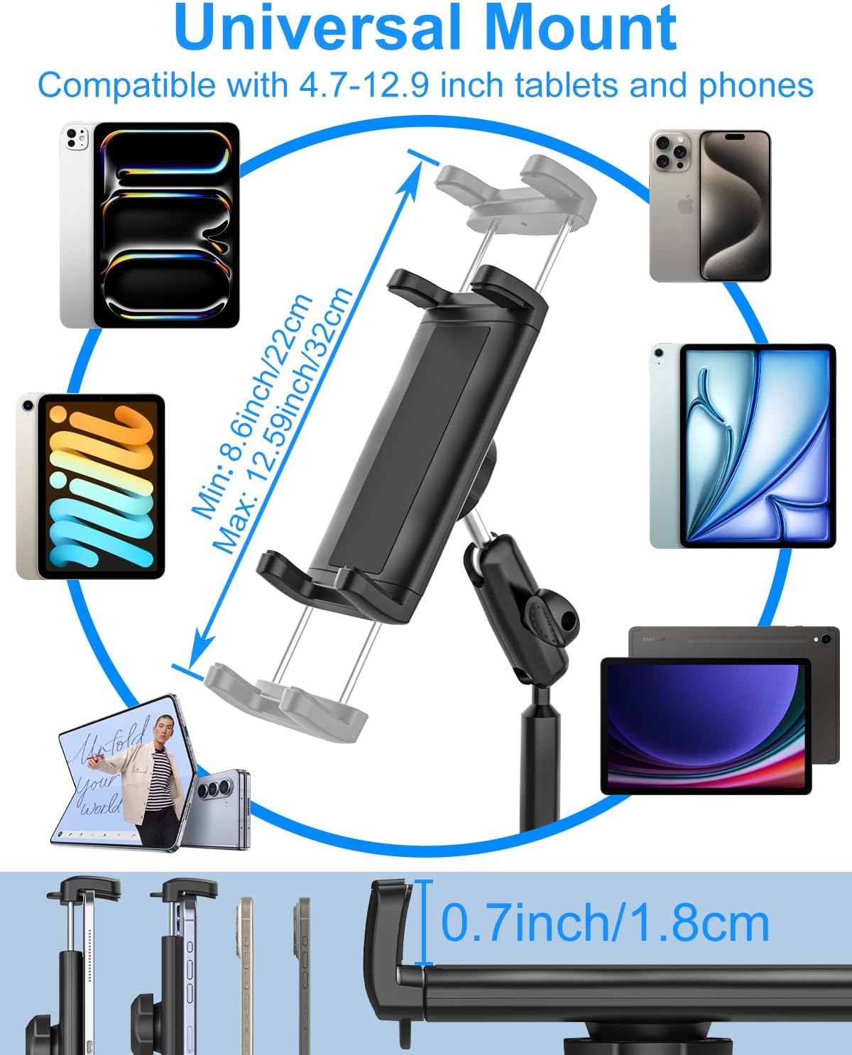 Cup Holder Tablet Mount for Car - Heavy Duty iPad Cup Holder Car Mount with Adjustable Metal Arm for iPad Pro 12.9/Air/Mini & iPhone 16, Truck Cup Tablet Holder, Fits 4.7-13" Devices