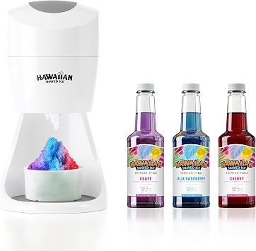 Hawaiian Shaved Ice Syrup Assortment, 3-16oz Bottles of the Most Popular Flavors Cherry, Grape, Blue Raspberry bundled with S900A Snow Cone and Shaved Ice Machine