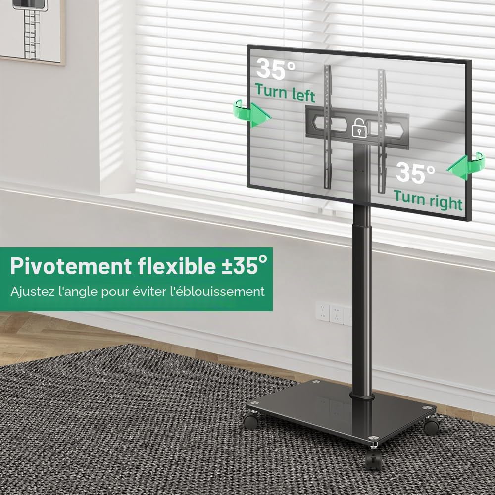 FURWOO Support TV à roulettes avec Support pivotant pour Salon, Salle de réunion, Chariot TV Portable pour téléviseurs de 27 à 65 Pouces, s'adapte aux Coins, intérieur