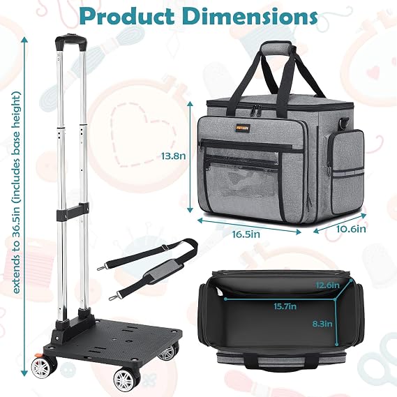 Sewing Machine Case with Wheels, Detachable Rolling Sewing Machine Case | Trolley Tote Bag with Removable Bottom Pad & Shoulder Strap, Compatible with Most Brother, Singer, Janome