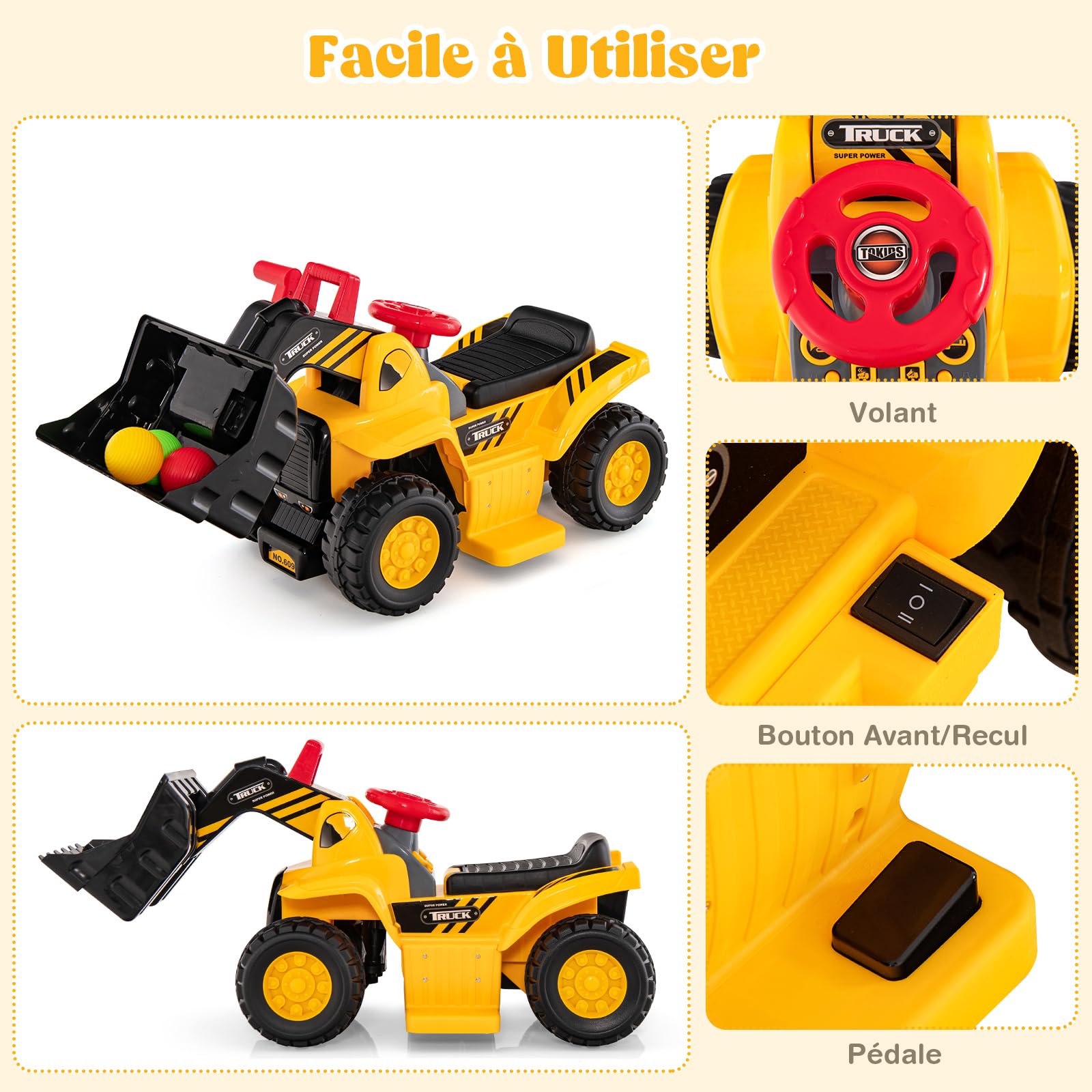 COSTWAY 6V Tractopelle Enfants Électrique avec Pelle & Panier de Basket Pliable, Pelleteuse Enfants Électrique avec Effets Sonores & Espace Caché, Charge 25KG pour Enfants de 2 Ans+ (Tractopelle)