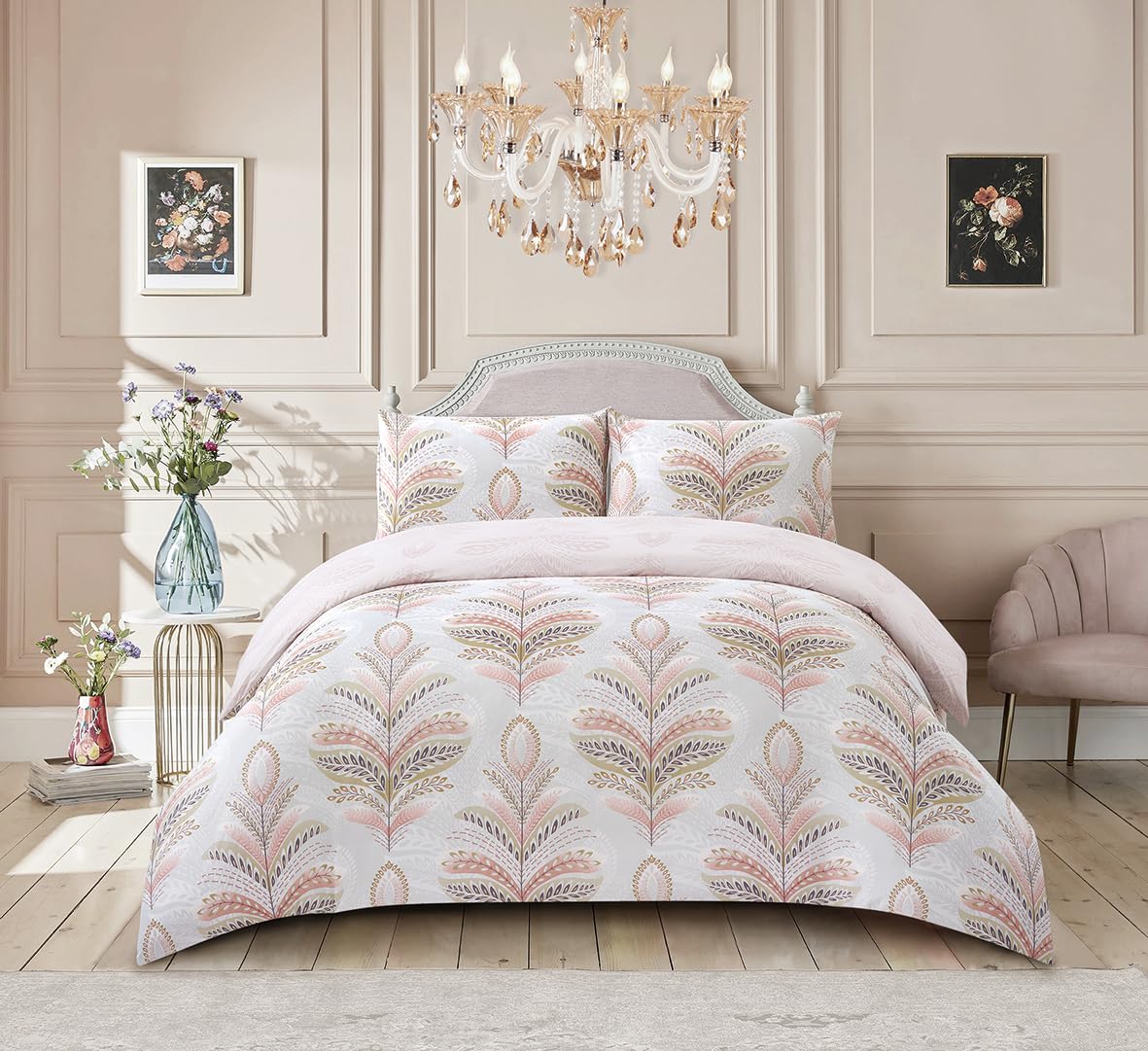 PRIME LINENS Duvet Cover Set 4 Pcs Brushed Microfibre Quilt Cover Bedding Set With Pillow Cases and Extra Fitted Sheet Included (Jasmine Blush Pink, Double)