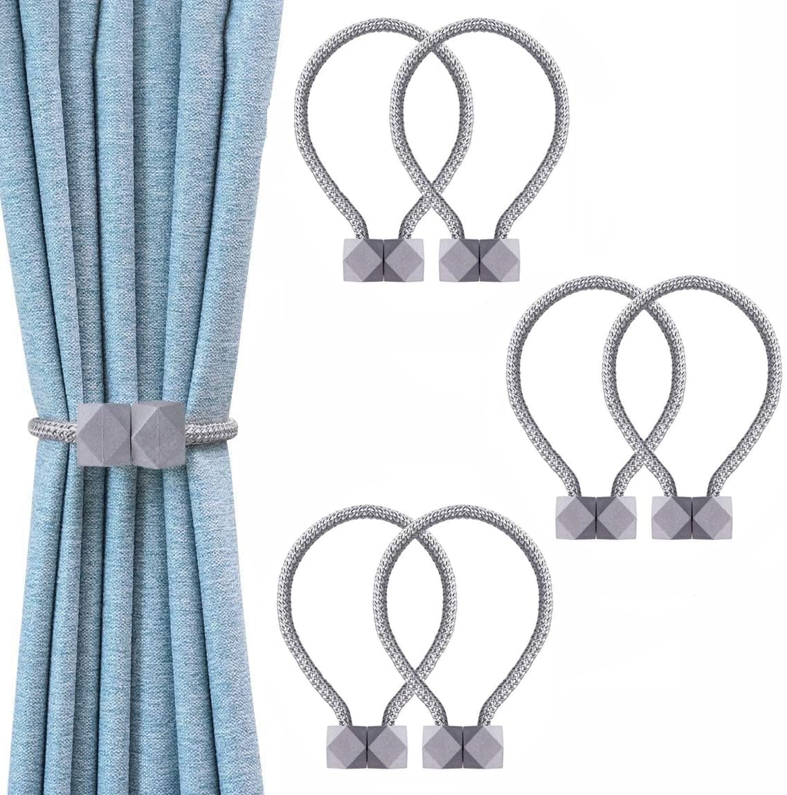 INOVERA (LABEL) 6 Pieces Magnetic Windows Curtain Tiebacks - Decorative Curtains Holders Rope Holdbacks -Drapery Binding Tie Backs for Home, Office (Grey)