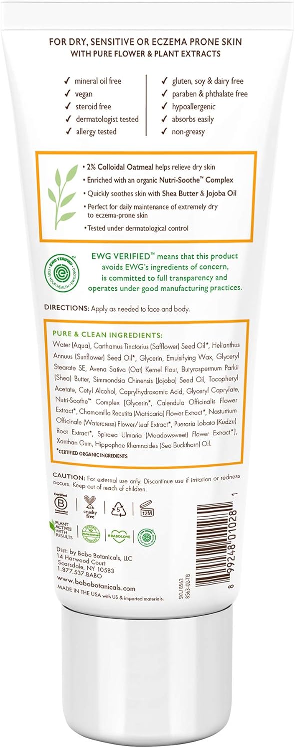 Babo Botanicals Sensitive Baby Fragrance-Free Daily Hydra Lotion - with Colloidal Oatmeal, Shea Butter & Jojoba Oil - EWG Verified, Vegan & Hypoallergenic - 8 fl. oz : Baby