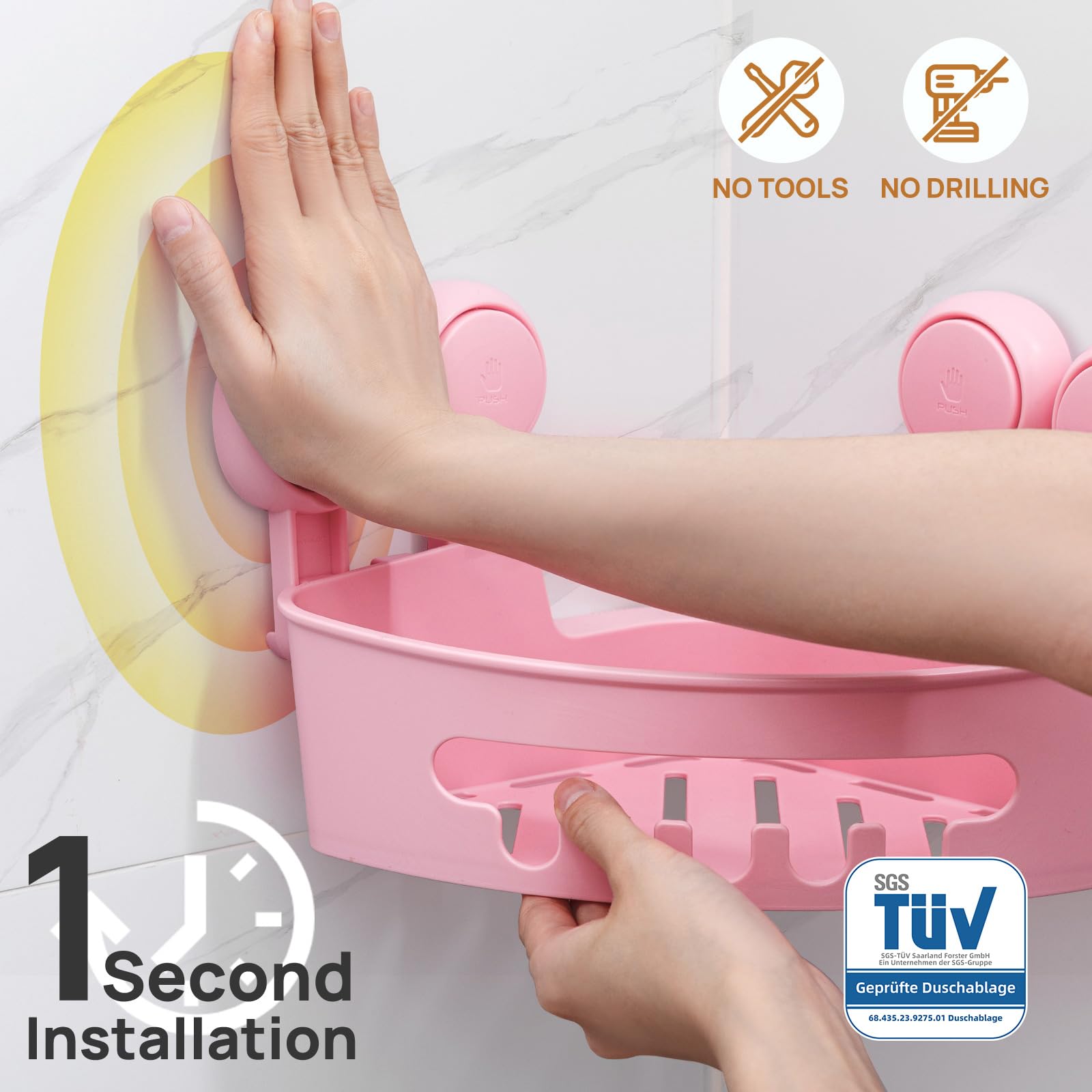LEVERLOC Suction Shower Caddy Corner 1 Pack Shower Shelf No Drilling Bathroom Storage Removable Waterproof Bathroom Caddy Storage Organizer for Room Kitchen Toilet Tiles Accessories Pink - Image 2