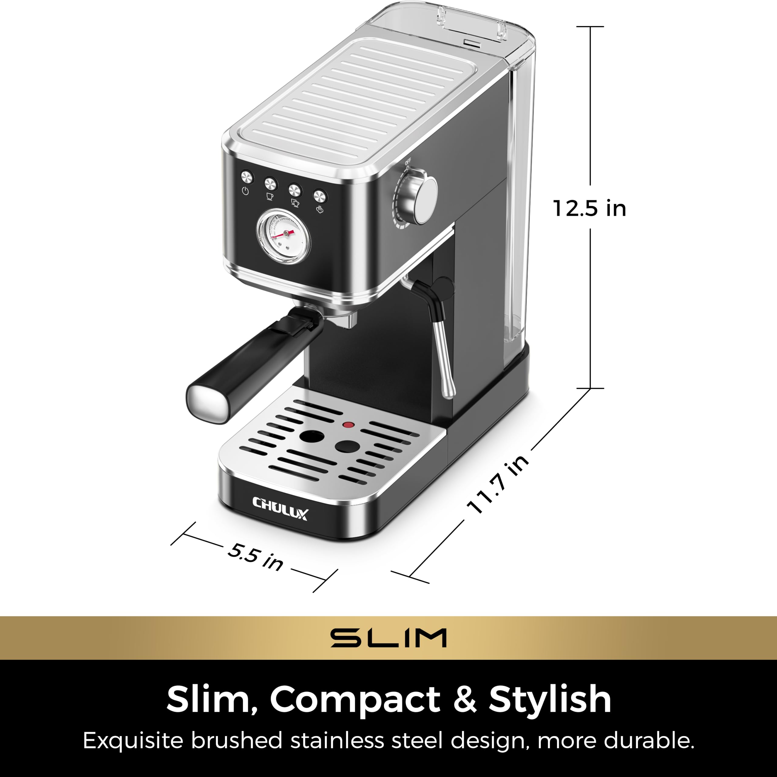 CHULUX - Máquina de café expreso delgada con espumador de leche, 20 barras, máquina de café espresso semiautomática profesional para cafetera de café espresso casera de capuchino y latte, color negro
