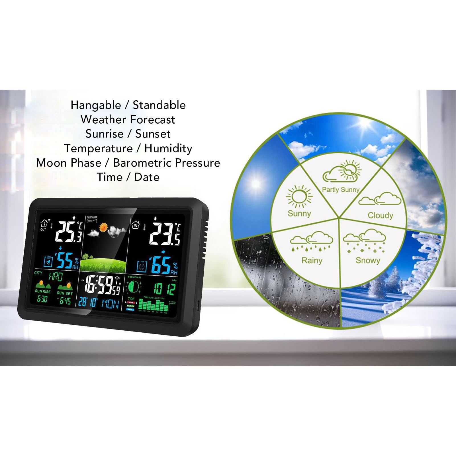 Stazione Meteorologica Wireless per Interni Esterni, Termometro Digitale con Display a Colori con Orologio Atomico, Previsioni Meteo, Monitoraggio dell'umidità della (Spina europea 220 V)