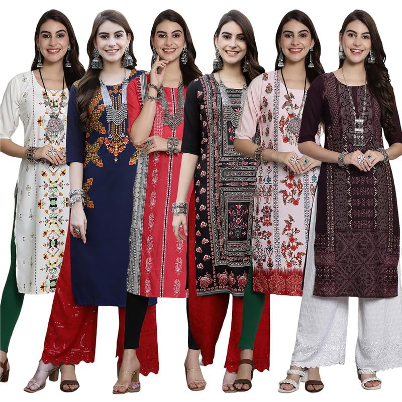 Pinkmint Women's Crepe Digital Print Straight Kurta [Pack of 6]