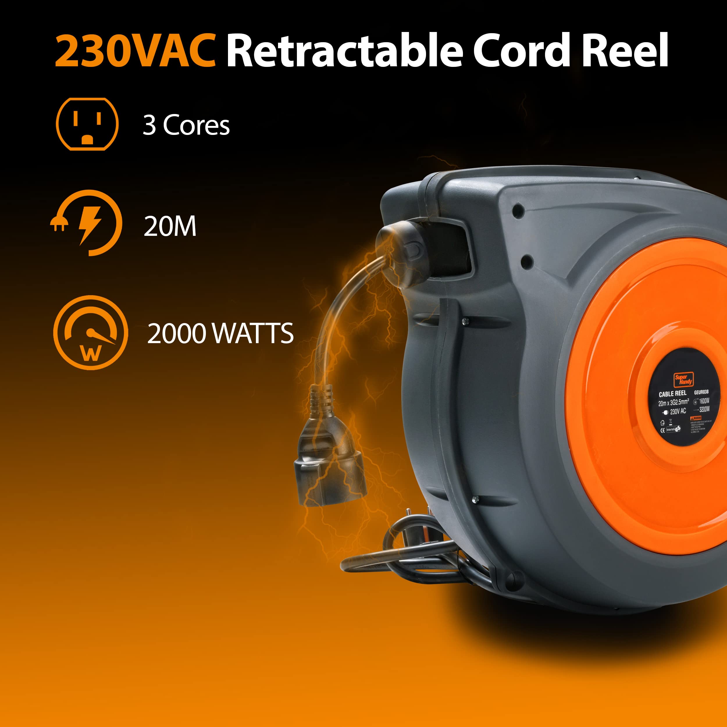 SuperHandy Carrete Alargador de Cable retráctil extra largas de 20m H05VV-F de polipropileno Industrial Ultra Altas Prestaciones comercial de primera calidad ultra flexible cable