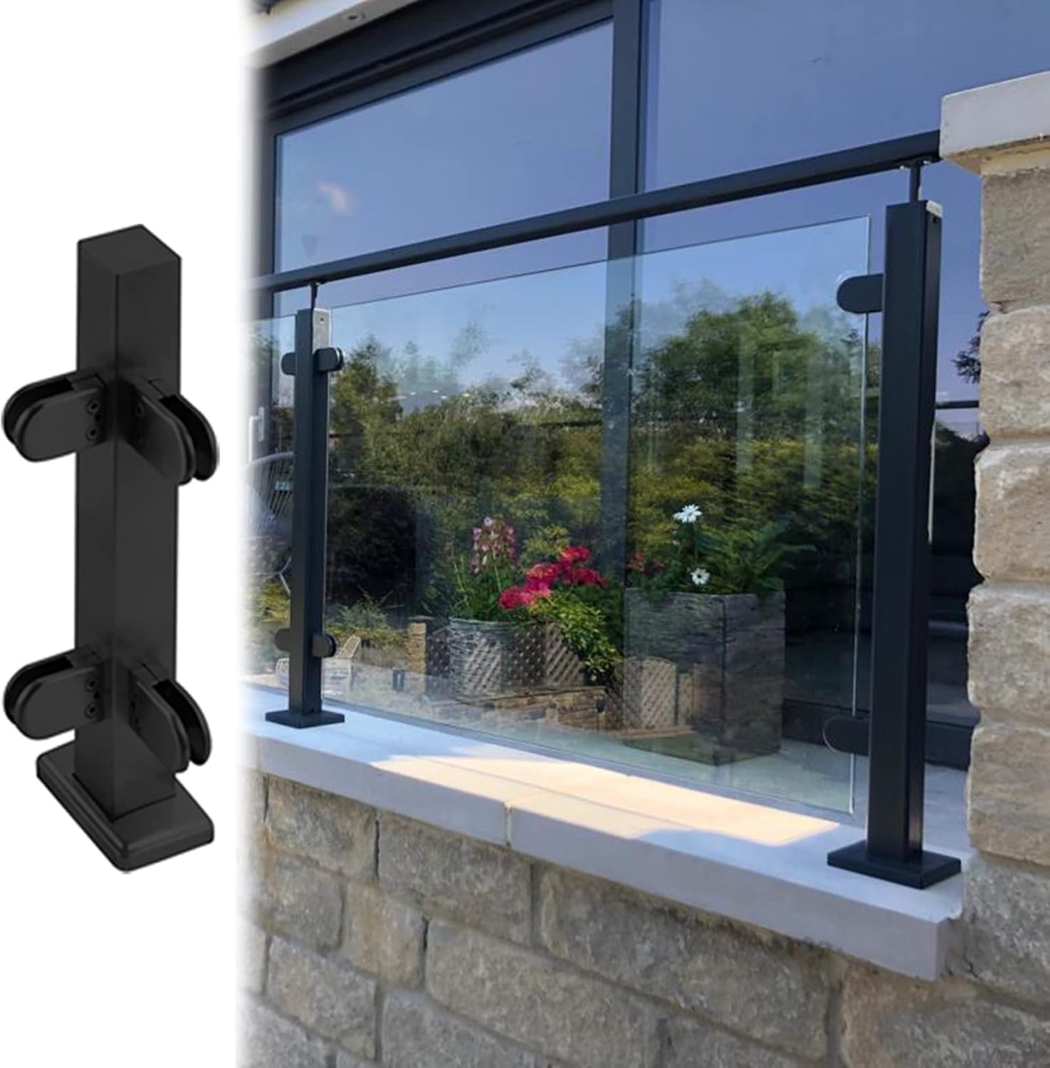 Black Glass Railing Post System - Heavy Duty Floor Standing Balustrade Kit for Commercial Use, H-115cm/45.3in Black Corner Post for Hallway & Deck Safety