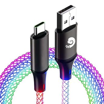 3.3FT RGB Colorful Glowing USB Type C Fast Charging Cable, Data Transfer, RGB Gradual LED Light up USB A to C, 66W/6A Ultra-Durable Fast Charging Wire, Compatible with Android USB-C Devices