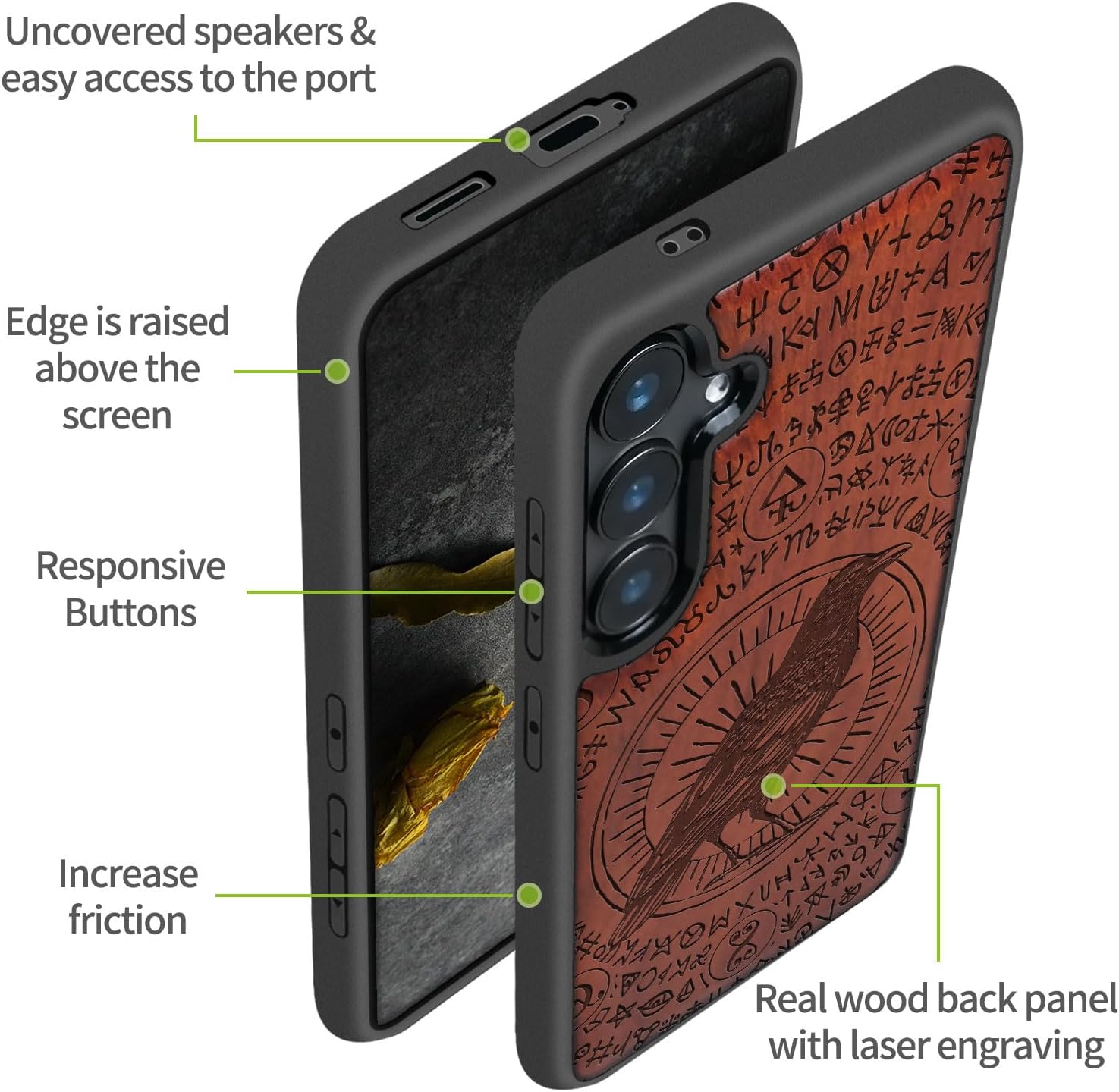 Carveit Wood Case for Galaxy S24 Case [Natural Wood & Black Soft TPU] Shockproof Protective Cover Unique Wooden Design Compatible with Samsung S24 (The Haloed Crow-Rosy)