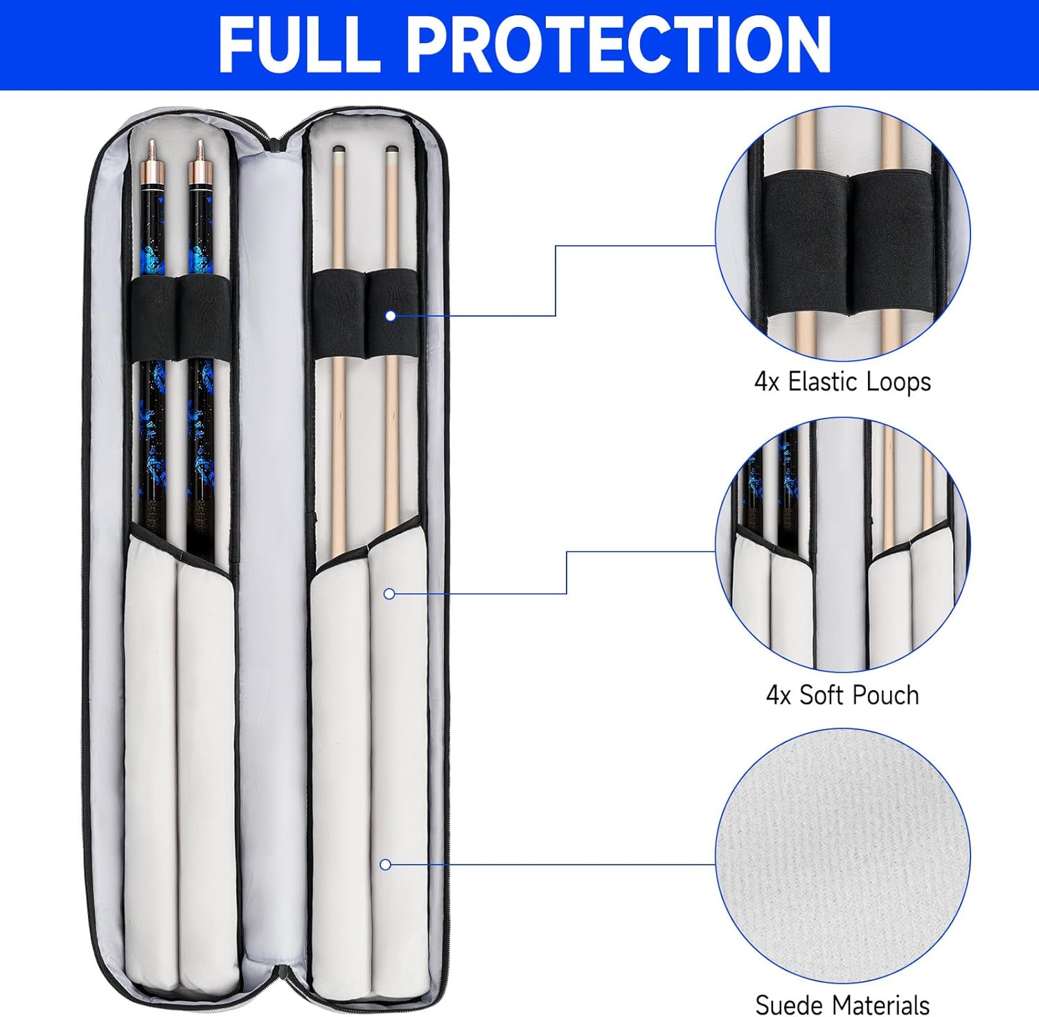 Pool Cue Case, Pool Stick Carrying Case Holds Butts and Shafts, Billiard Cue Bag with Shoulder Straps