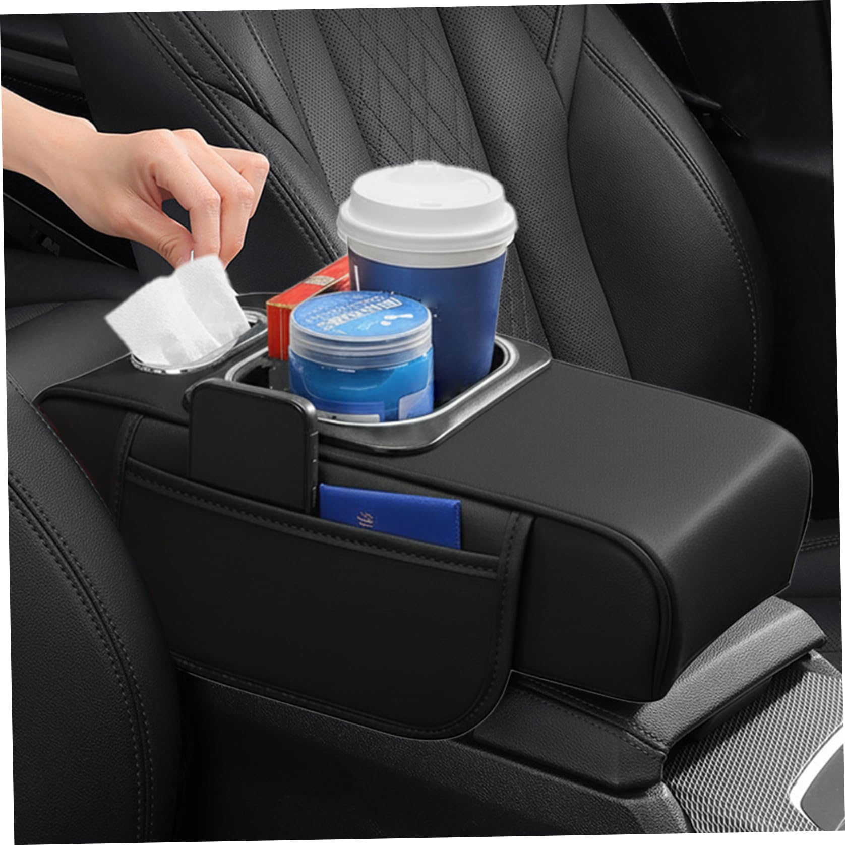 Cojín para reposabrazos de coche, funda de cuero para consola central con bolsas de almacenamiento, ranura para teléfono, puerto de carga, soporte para pañuelos y portavasos para SUV, autocaravana