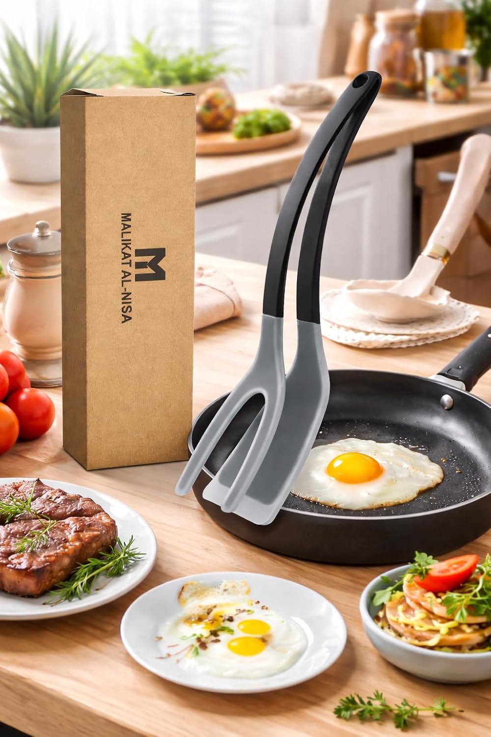 Silicone Egg Flipper Spatula Tong – 2-in-1 Grip & Flip Non-Stick Kitchen Tongs for Pancakes, Eggs, Fish & More –Food-Grade Silicone Spatula Tong with Comfortable Handle – Dishwasher Safe Cooking Black