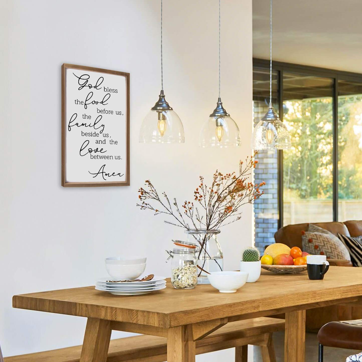 VILIGHT House Warming Gifts for New Home - Farmhouse Wall Decor for Dining Room and Kitchen - Rustic Wood Sign with Quotes Bless The Food Before Us - Vertical 16x9.5 Inches