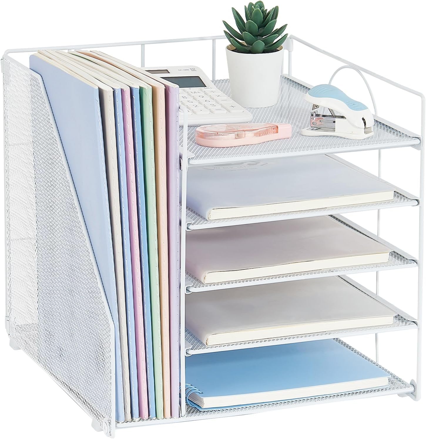 Desk Organizer with File Holder, Organisateur et Accessoire de Bureau, 5-Tier Paper Letter Tray, Mesh Desktop File Organizers, Organization and Storage for School, Home, Office (Wh image 4