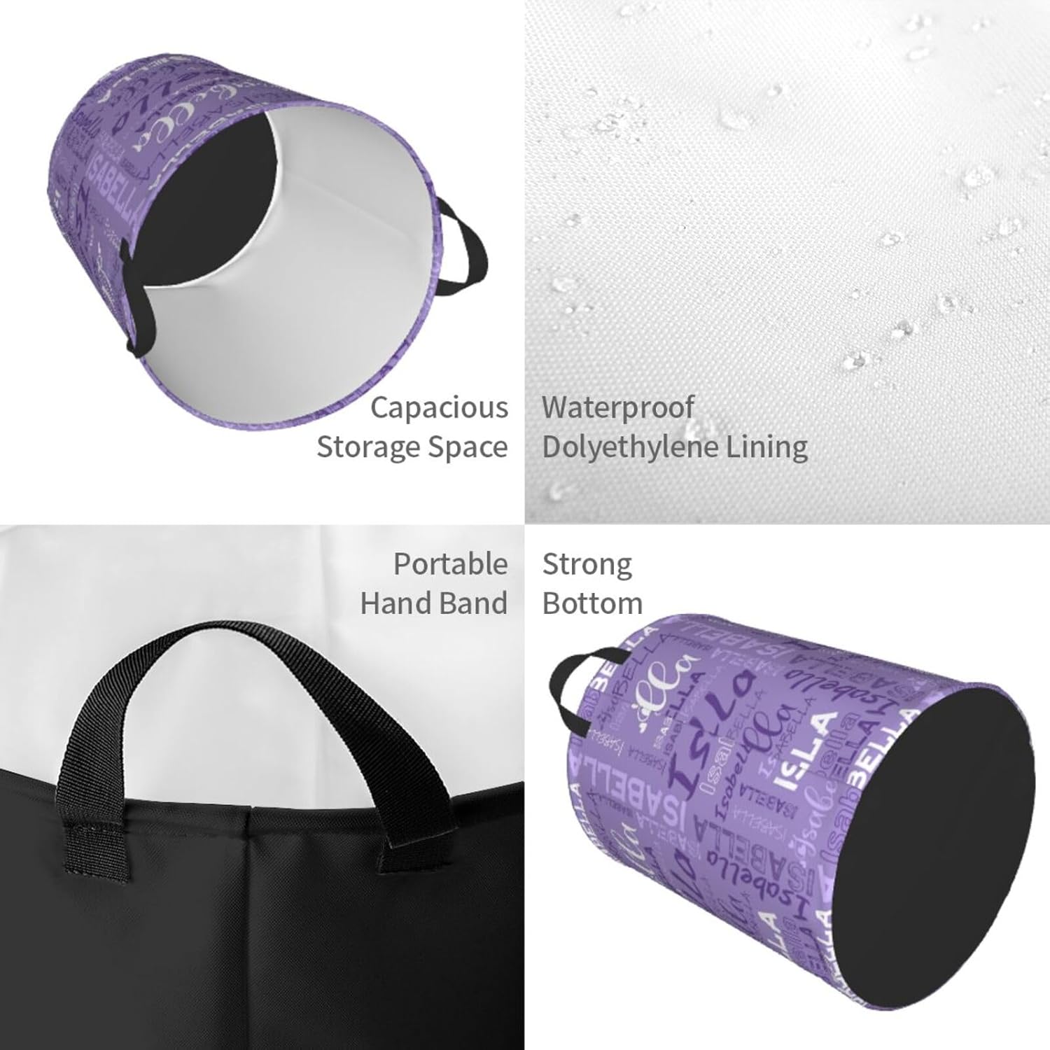 Personalized Name Laundry Basket Custom Circular Laundry Hamper with Handle for Bedroom Bathroom LivingRoom Home Customized Dirty Clothes Storage Basket for Kid Boys Girls Men Women Adults Purple