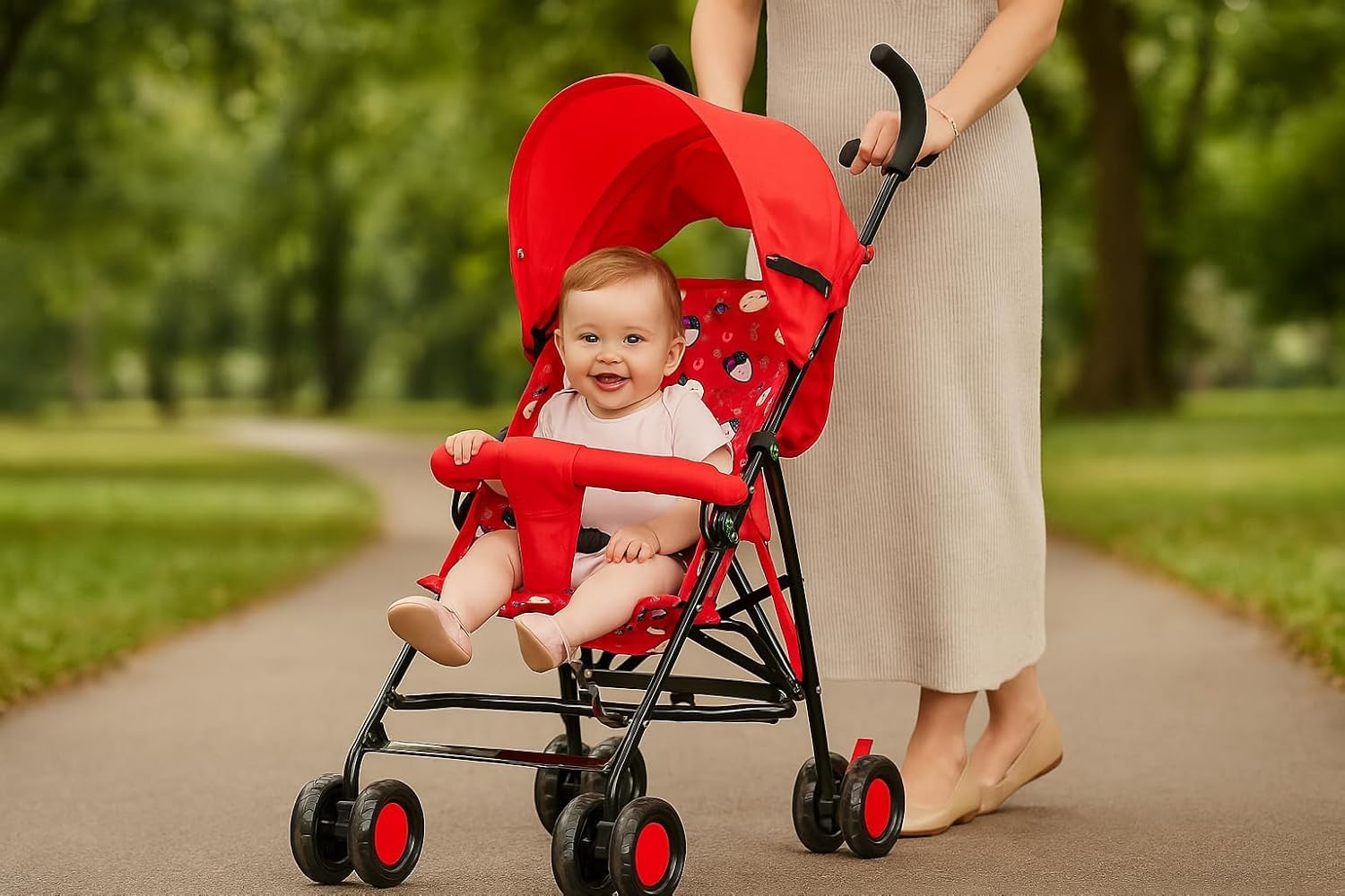 TOBY Lightweight Foldable Baby Stroller with Large Canopy, Safety Belt, Soft Pattern Seat & Double Wheels – Compact Travel-Friendly Pram for 6–18 Months – Red-image-24