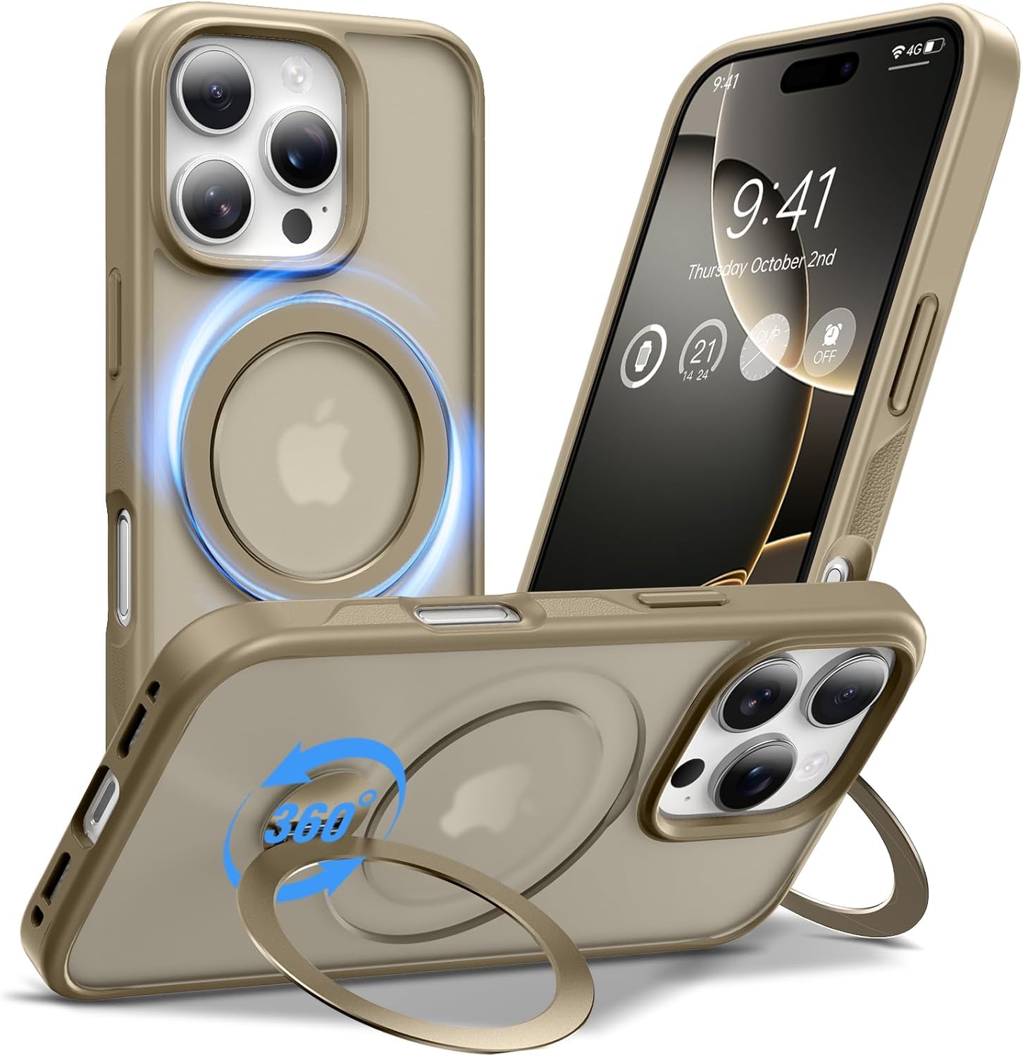 Anqrp 360° ALL-in-ONE Stand Case for iPhone 16 Pro with Rotatable Magnetic KickStand Ring Holder, Compatible with MagSafe, MIL-Grade Shockproof iPhone 16 Pro Phone Case Cover 6.3" Titanium Gold