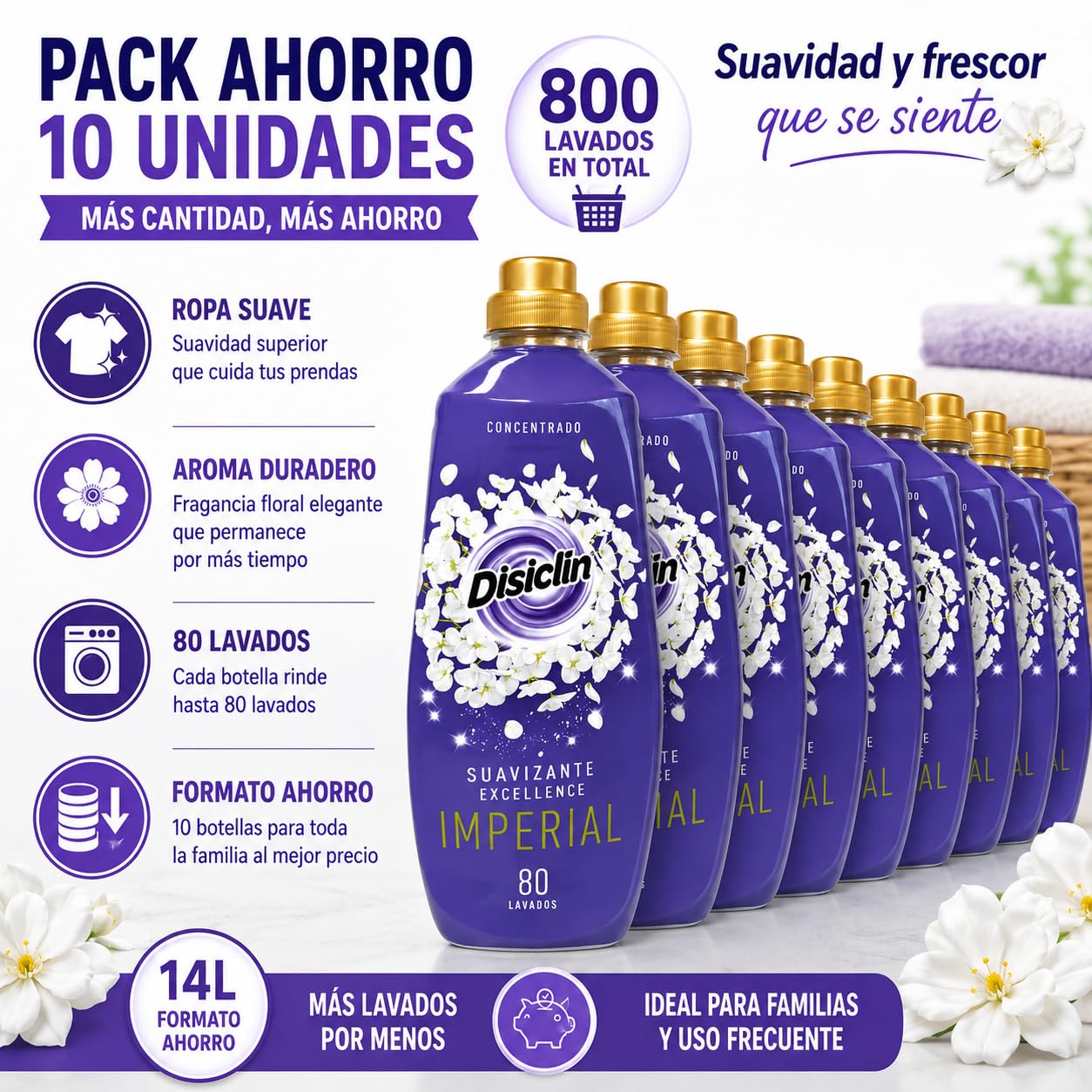 Suavizante Disclin Concentrado Imperial 1,4L | Pack 10 Unidades | 800 Lavados | Aroma Floral Duradero | Formato Ahorro 14L | RASMACOR