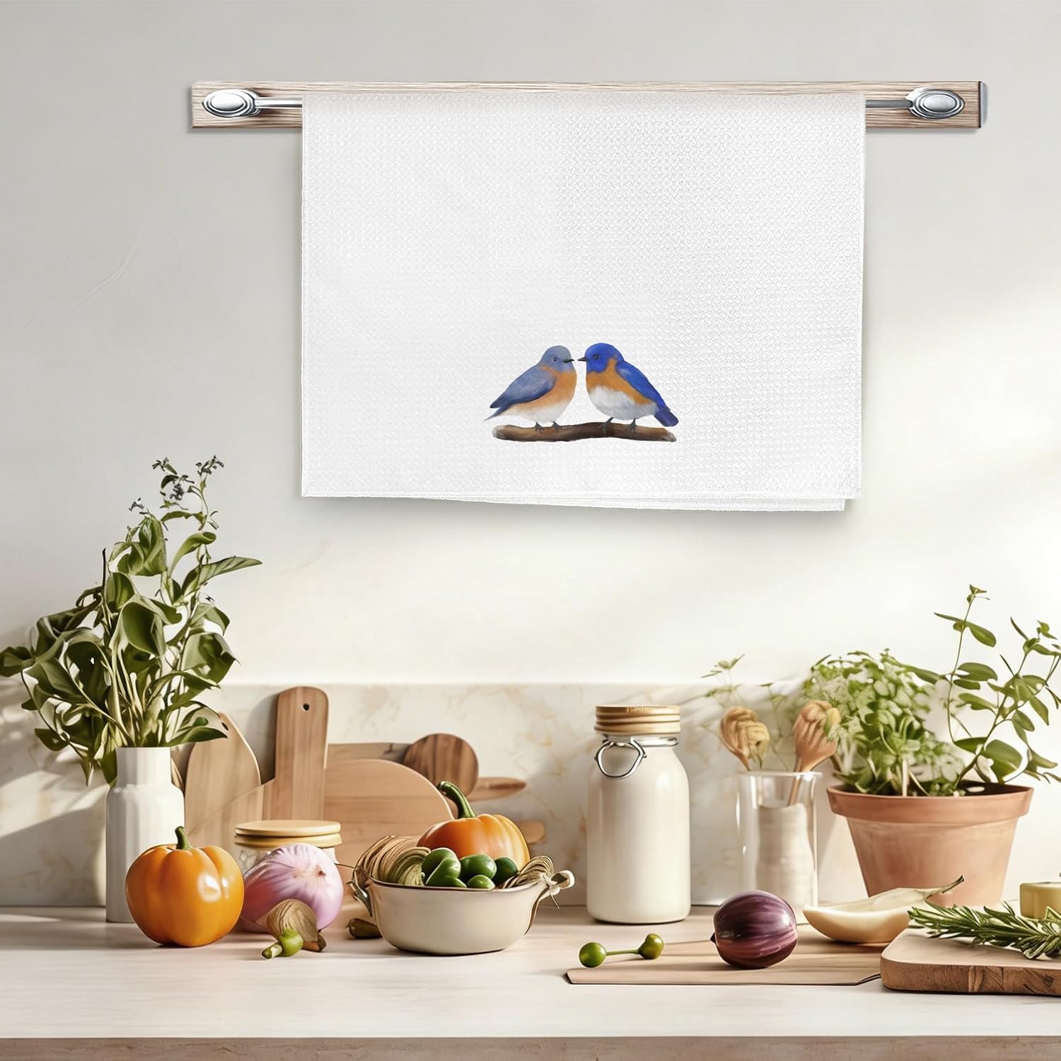 Blue Bird Kitchen Towels, Rustic Farmhouse Eastern Bluebird Hand Towels for Bathroom Decor, Bird Lovers Gifts for Women Men Dishcloths Dish Towel for Kitchen 16x24 Inches