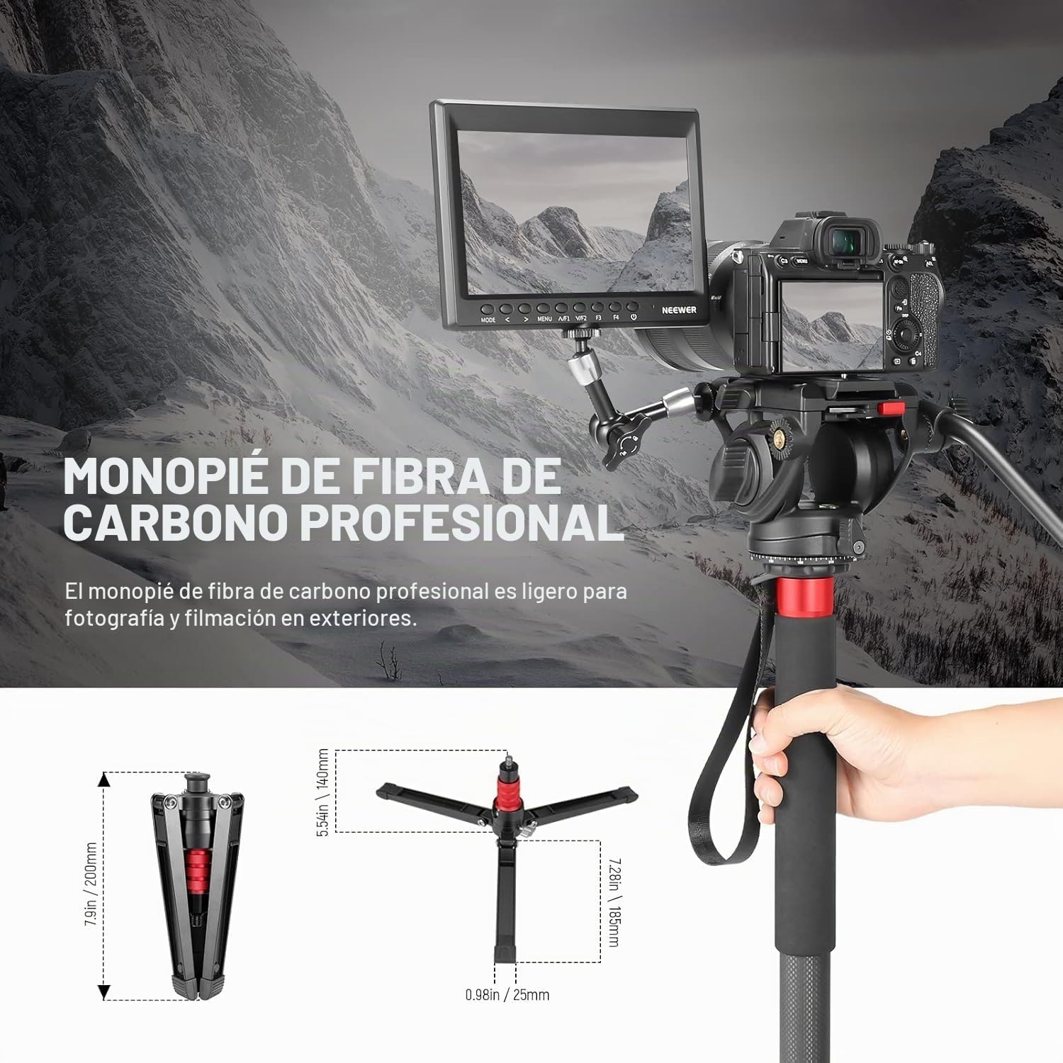 NEEWER Monopod para cámara de 71,6 pulgadas, monopié telescópico de fibra de carbono con placa de liberación rápida, para DJI RS Gimbals, base extraíble para cámara de vídeo, carga máxima de