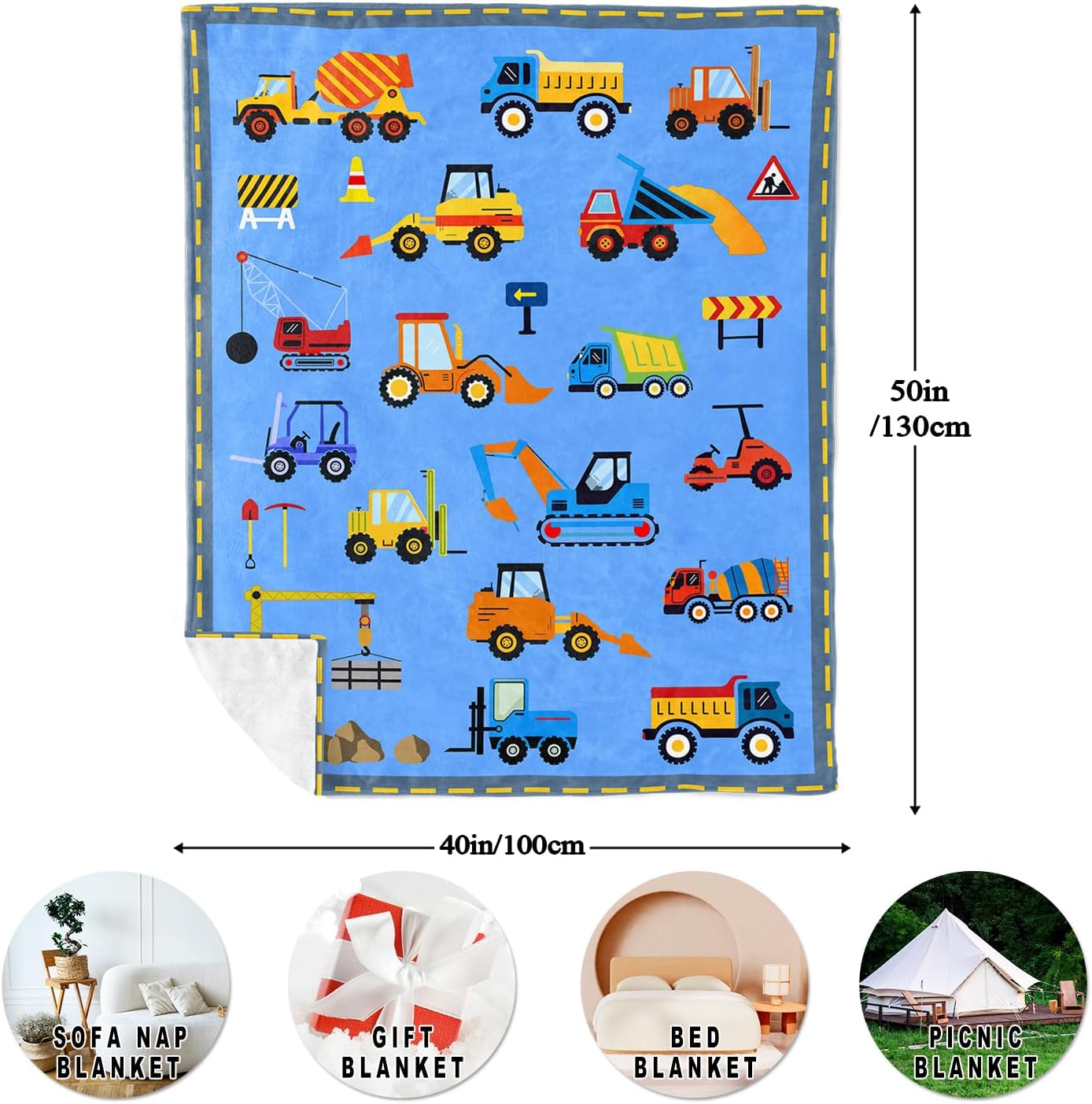 Construction Toddler Blanket 50"x40", Car Blanket for Kids, Toddler Birthday Gifts for Boys, Kids Birthday Gift, Truck Tractor Crane Excavator Forklift Gifts