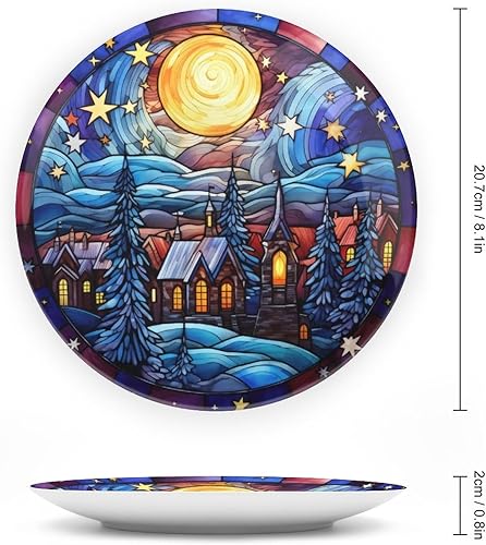 Miniatura 2 de Winter Village - Platos decorativos de noche de luna para decoración del hogar, platos de cerámica con diseño de vitrales para sala de estar,