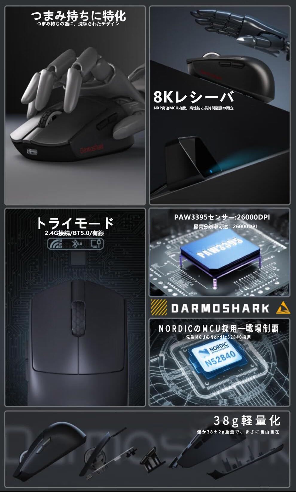 S*e様 Darmoshark M5 4Kマウス 本体　ブラック Amazon | ゲーミングマウス HOGREL×Darmoshark M5 4K/8KHz 小型