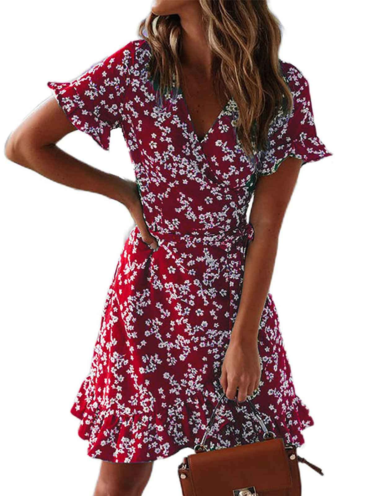 CheChury Vestidos Vintage para Mujer Vestido Corto Playeros de Mujer Estampado Floral Cuello en V Elegante Retro Mangas Largas Corta Primavera Verano Diaria Fiesta Formal Vestido Holgada