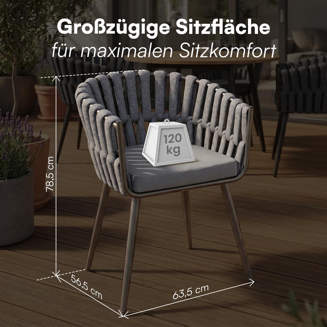 STEELSØN Tarian Gartenstühle im Rope Design – Stühle 6er Set mit Sitzkissen – Loungesessel Indoor/Outdoor – aus Kunststoffgeflecht & Dicke Sitzpolster Garten/Terrasse/Balkon – Stahlgestell dunkelgrau