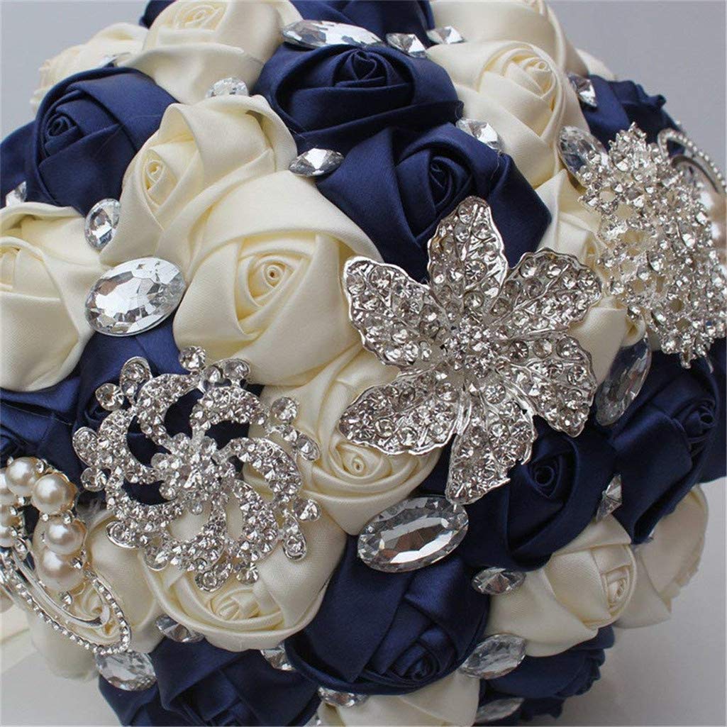 Handgemachte Brosche Brautstrauß Braut Satin Rosen Blumen Strass Perlen Blumensträusse Hochzeit Strauß Künstliche Blumen Blumenstrauß künstlicher Rosenstrauß Deko (Navy Cremig)