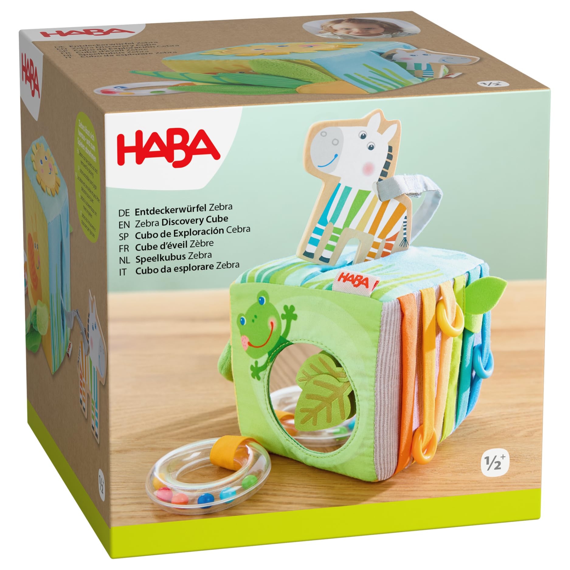 HABA Entdeckerwürfel Zebra – Baby-Sensorik-Würfel mit abnehmbarem Holz-Zebra & Spieleffekten